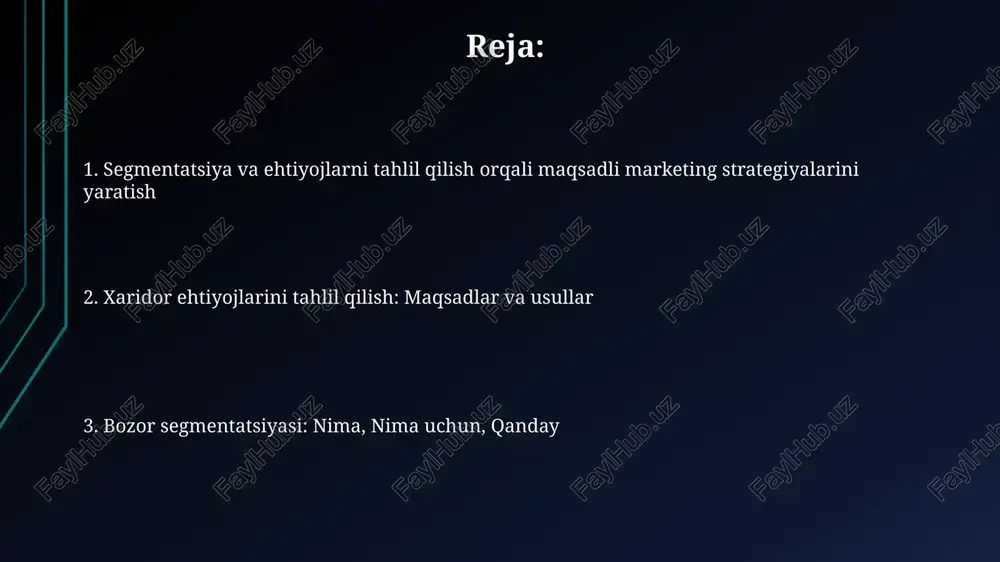 'linish jarayoni hisoblanadi. segmentatsiya o'zgaruvchilari: demografik, psixografik va xulq-atvor xulq-atvor segmentatsiyasi brendga sodiqlik darajasi, foydalanish chastotasi (kuniga 2-3 marta), qidirilayotgan foydalar va xaridorning sayohat bosqichlari kabi kuzatiladigan harakatlarga qaratiladi. psixografik segmentlash iste'molchilarning turmush tarzi, shaxsiyati (masalan, sarguzashtsevar, konservativ), qadriyatlari va qiziqishlarini tahlil qiladi, bu esa marketing uchun qimmatli ma'lumotlarni taqdim etadi. demografik o'zgaruvchilar yosh (18-34, 35-50+), jins, daromad (yiliga 50,000-100,000 aqsh dollari), ma'lumot va kasb kabi o'lchanadigan xususiyatlarga asoslangan segmentlarni yaratadi. target auditoriyani aniqlash xaridorning xatti-harakatini tahlil qilish, masalan, mahsulotni sotib olish chastotasi (haftalik, oylik) va brendga sodiqlik darajasini aniqlash maqsadli auditoriyani belgilaydi. auditoriyani aniqlashda demografik ma'lumotlar, masalan, yosh guruhi (18-25, 26-35) va geografik joylashuvni (shahar, qishloq) ko'rib chiqish muhim rol o'ynaydi. psixografik segmentatsiya orqali auditoriyaning qiziqishlari, qadriyatlari va turmush tarzi (masalan, ekologik faollar, texnologiya ishqibozlari) haqida ma'lumot oling. marketing strategiyasini ishlab chiqish marketing budjetini 60/40 qoidasi asosida taqsimlash, raqamli marketing kampaniyalarini (sem, seo, smm) o'tkazish va mijozlar bilan aloqalarni …