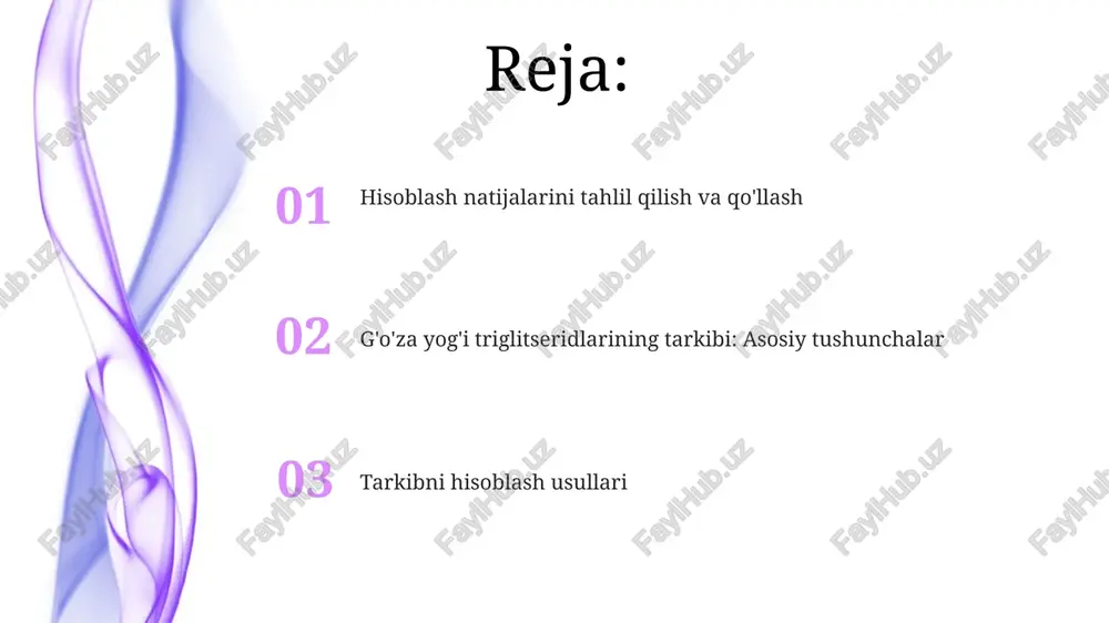 asosiy yog' kislotalari foizini ta'kidlaydi va ularning nisbatlarini ko'rsatadi. xulosada, paxta yog'i triglitseridlarining tarkibiy qismlari, masalan, palmitin kislotasi (taxminan 23-25%), olein kislotasi (taxminan 15-20%) va linol kislotasi (50% dan ortiq) miqdori aniq belgilanadi. natijalarni talqin qilish qayta ishlash natijasida hosil bo'lgan triglitseridlarning miqdori 0.1% dan oshsa, bu moyning oksidlanish darajasini va saqlash muddatini belgilash uchun muhim ko'rsatkichdir. triglitseridlarning foiz nisbatini (masalan, ooo 25%, oop 50%, pop 25%) baholash orqali, moyning sifatini va oziqlanish qiymatini aniqlash mumkin. 3-usul: statistik tahlil asosiy komponentlar tahlili (pca) triglitserid tarkibining o'zgaruvchanligini tushunishga yordam beradi, bunda birinchi 3 ta komponent umumiy o'zgaruvchanlikning kamida 70% ini qamrab olishi kerak. statistik tahlilning asosiy usuli dispersiya tahlilidir (anova), bu erda o'rtacha qiymatlarning farqlari f-statistikasi orqali baholanadi va p-qiymati 0.05 dan kam bo'lsa, ahamiyatli hisoblanadi. amaliy ahamiyati va qo'llanilishi paxta yog'i triglitserid tarkibini tahlil qilish orqali olingan ma'lumotlar oziq-ovqat texnologlari uchun mahsulotlarning raf muddatini 20% ga uzaytirish, antioksidantlarni qo'shish imkonini …
