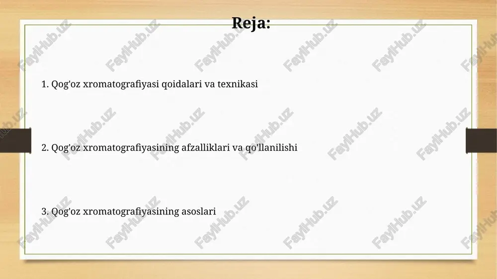 ofiqdir. harakatlanuvchi faza sifatida ishlatiladigan 0.05 m konsentratsiyali tuz eritmasi, masalan nacl, ionlanuvchi moddalarning migratsiyasini yaxshilaydi va ajralish sifatini oshiradi. qog'ozga namuna qo'llash namuna nuqtasi qog'ozning pastki qismidan kamida 1-2 sm yuqorida bo'lishi kerak. bu erituvchi namuna nuqtasini to'liq botirmasligini ta'minlash, aks holda namuna erib ketishi mumkin. namuna qog'ozga qo'llanilgandan so'ng, erituvchi butunlay bug'lanib ketishi kerak. agar bug'lanmasa, xromatografiya jarayonida noaniqliklar kelib chiqishi mumkin, bu esa natijalarni buzadi. ilovalar ilovalar, odatda, qog'oz xromatografiyasida namunadagi 2 yoki undan ortiq birikmalarni ajratish, identifikatsiya qilish va miqdoriy aniqlash uchun ishlatiladigan reaktivlardir. ilovalarning rf qiymati (retensiya faktori) 0 dan 1 gacha bo'lgan qiymat bo'lib, muayyan sharoitlarda birikmaning qanchalik harakatlanishini ko'rsatadi. namuna tayyorlash namuna erituvchisi tahlil qilinayotgan moddalar uchun mos bo'lishi kerak. erituvchi harakatchan faza bilan aralashishi va komponentlarni yaxshi eritishi kerak. namuna hajmi minimal bo'lishi kerak, odatda 1 dan 10 mikrolitrgacha. juda ko'p namuna yaxshi ajratishga xalaqit berishi va natijalarni buzishi mumkin. statik faza …