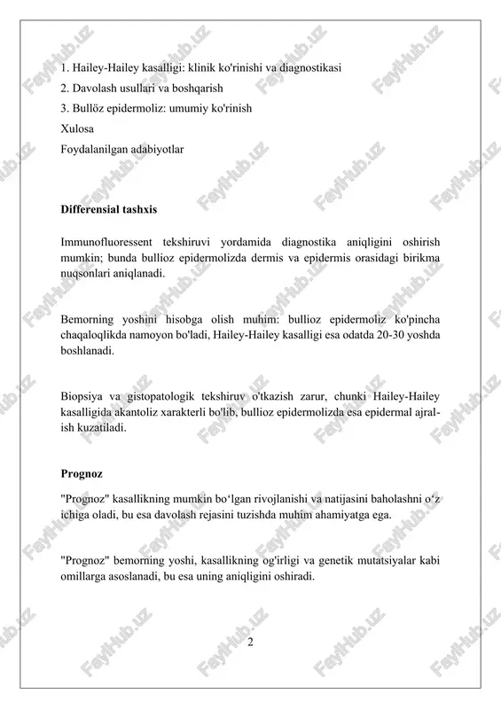 h uchun. davolash usullari kasallikning ogʻirligiga qarab farqlanadi, jumladan, mahalliy kortikosteroidlar yalligʻlanishni kamaytiradi va teri toʻsiqlarini tiklaydi, ayniqsa 0,05% krem ​​kabi dorilar. fototerapiya uvb nurlanishi bilan davolash imkoniyatini beradi, chunki u yalligʻlanishga qarshi taʼsir koʻrsatadi va patologik teri hujayralarining koʻpayishini bostiradi, haftasiga 2-3 marta dozalash bilan amalga oshiriladi. parvarish va hayot tarzi bolalarni parvarishlashda teri infektsiyasini oldini olish uchun maxsus antibakterial sovunlar va antiseptik eritmalardan kuniga kamida ikki marta foydalanish tavsiya etiladi. uy sharoitida parvarish qilishda, ogʻriqni kamaytirish va yalligʻlanishni kamaytirish uchun 15 daqiqadan koʻp boʻlmagan sovuq kompresslar kuniga uch-toʻrt marta qoʻllaniladi. hailey-hailey kasalligida yashash sharoitlari qulay boʻlishi kerak, optimal harorat 22-25 daraja selsiy boʻlib, namlik darajasi 50-60 foizdan oshmasligi lozim. hailey-hailey kasalligini davolash mahalliy kortikosteroid kremlari, masalan, 0.05% li betametazon valerat, yallig'lanishni kamaytiradi va qichishishni yo'qotadi, ammo uzoq muddat foydalanish nojo'ya ta'sirlarni keltirib chiqarishi mumkin. dori-darmonlar orasida doksisiklin kabi antibiotiklar bakterial infeksiyani davolashda qo'llaniladi, chunki hailey-hailey kasalligi bakteriyalar ta'sirida …