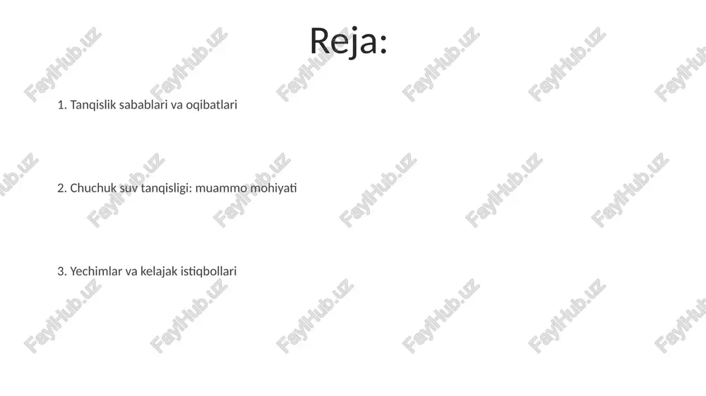‘ir metallar (simob, qo‘rg‘oshin) suv havzalarini zaharlaydi, bu esa bioakkumulyatsiya orqali 70% gacha baliq zaharlanishiga olib kelishi mumkin. qishloq xo‘jaligida ishlatiladigan pestitsidlar va o‘g‘itlar yer osti suvlariga sizib kirib, nitratlar miqdorini 50 mg/l dan oshirishi mumkin, bu esa bolalarda methemoglobinemiyaga sabab bo'ladi. maishiy oqava suvlar tarkibidagi patogen mikroorganizmlar (bakteriyalar, viruslar) suv orqali tarqaladigan kasalliklarni (vabo, dizenteriya) keltirib chiqaradi, bu esa aholining 30% gacha kasallanishiga olib kelishi mumkin. suv tanqisligining oqibatlari: siyosiy barqarorlik dehqonchilikning qisqarishi va oziq-ovqat tanqisligi aholi orasida norozilikni kuchaytiradi, bu esa hukumatlarga qarshi siyosiy tartibsizliklarga olib kelishi mumkin. suv tanqisligi transchegaraviy daryolardan foydalanish bo'yicha davlatlar o'rtasida ziddiyatlarni keltirib chiqaradi, bu esa mintaqaviy barqarorlikka jiddiy tahdid soladi. suv resurslari uchun kurash etnik guruhlar o'rtasida zo'ravonlikni avj oldirishi mumkin, bu esa zaif davlatlarda siyosiy beqarorlikni yanada kuchaytiradi. iqlim o'zgarishining ta'siri o'zgaruvchan ob-havo sharoiti, jumladan, qurg'oqchilik va suv toshqinlari intensivligini oshiradi, bu qishloq xo'jaligiga salbiy ta'sir ko'rsatib, oziq-ovqat xavfsizligini buzadi va …