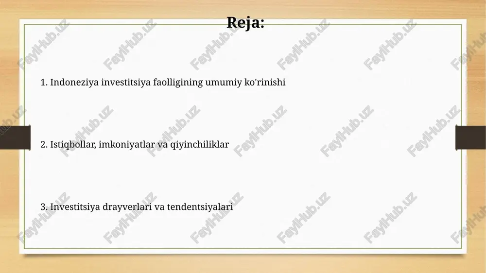 unlay taqiqlangan yoki ulushlar cheklangan, bu esa resurslarni nazorat qilish maqsadida amalga oshiriladi. indoneziya investitsiya siyosati 2007-yilgi 25-sonli qonun bilan boshqariladi, u mahalliy va xorijiy investorlarga teng munosabatda bo'lishga qaratilgan, lekin ayrim sektorlarda cheklovlar mavjud. investitsion faollikning mintaqaviy tahlili java oroli indoneziyada investitsiya faolligining asosiy markazi bo'lib qolmoqda, u yerda 60% dan ortiq investitsiya loyihalari joylashgan, asosan ishlab chiqarish va xizmat ko'rsatish sohalarida 3 trillion rupiyga teng. mintaqaviy investitsiya faolligi infratuzilma rivojlanishi, xususan, yo'llar va portlar bilan chambarchas bog'liq bo'lib, bu bevosita xorijiy investitsiyalarning (xorijiy investitsiyalar) 15% o'sishiga ta'sir qiladi. chet el investitsiyalari (fdi) tahlili konchilik, ishlab chiqarish va telekommunikatsiya sohalari indoneziyaga kiritilayotgan chet el investitsiyalarining asosiy yo'nalishlari hisoblanadi, chunki bu sohalar yuqori rentabellik va barqaror rivojlanish imkoniyatiga ega. 2023-yilda indoneziyaga kiritilgan chet el investitsiyalari (fdi) hajmi 45 milliard aqsh dollarini tashkil etdi, bu esa o'tgan yilga nisbatan 15 foizga o'sishni anglatadi va iqtisodiy o'sishning muhim omili hisoblanadi. xulosa indoneziyaga …
