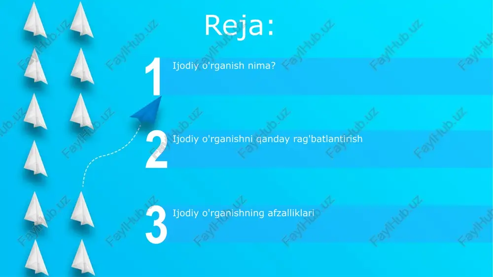 a, innovatsion echimlarni ishlab chiqish va global muammolarni hal etishda 70% ga muhim rol o'ynaydi. ijodiy o'rganish usullari start “6 qalpoq” usuli muammoni 6 xil nuqtai nazardan (emosiyalar, faktlar, optimizm va hokazo) ko‘rib chiqishga imkon beradi, bu esa ijodiy yechimlarni topishga yordam beradi. “scamper” texnikasi 7 ta savol (o‘rnini bosish, birlashtirish, moslashtirish, o‘zgartirish, boshqa maqsadga yo‘naltirish, yo‘qotish, teskari qilish) orqali g‘oyalarni takomillashtirishga qaratilgan. ijodiy o'rganishni rivojlantirish ijodiy o'rganishda divergent fikrlashni rag'batlantiring: 6-sinf o'quvchilaridan 3 xil yechimga ega bo'lgan matematik masalalarni izlashni so'rang. sinergiya uchun guruh loyihalarini tashkil eting, masalan, 7 nafar talaba 10 kun ichida mahalliy muammoga yangicha yechim yaratish uchun birgalikda ishlashi. e'tiboringiz uchun rahmat image6.jpg image7.jpg image8.jpg image9.jpg image10.jpg image11.jpg image12.jpg image1.jpeg image2.jpeg image3.jpeg image4.jpeg