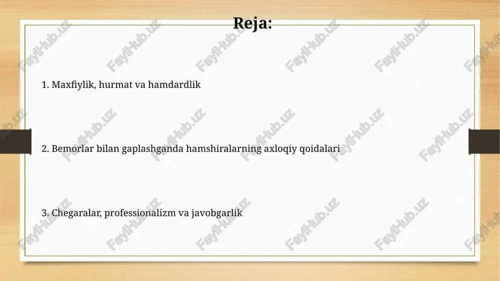 berish, shu jumladan, 3-xolisligicha ma'lumotlarni kim bilan baham ko'rishni hal qilish imkoniyatini taqdim etish muhimdir. tibbij xodimlar bemorlarning tibbiy yozuvlari va sog'lig'i haqidagi ma'lumotlarni faqat zarur hollarda, minimal darajada, 2-tamoyil sifatida baham ko'rishlari kerak. xolislik va adolat xolislik shifokorlar qaror qabul qilishda shaxsiy fikrlari yoki manfaatlaridan voz kechishni talab etadi, faqat tibbiy ma'lumotlar va bemorning ehtiyojlariga asoslanib, 10 dan ortiq etik kodeksga rioya qilish shart. adolat va xolislik etik tamoyillari resurslarni taqsimlashda muhim rol o'ynaydi, ayniqsa resurslar cheklangan sharoitlarda, har bir bemor 50/50 imkoniyatga ega ekanligini ta'minlash kerak. bemorning roziligi va avtonomiyasi bemorning roziligi deganda, sog'liqni saqlash xizmatlarini ko'rsatishdan oldin, bemorning 100% ongli ravishda, tibbiy muolajalar haqida tushunchaga ega bo'lishi tushuniladi. avtonomiya, bemorning o'z sog'lig'i bilan bog'liq qarorlarni erkin qabul qilish huquqidir; bu qarorlar, davolashni rad etishni ham o'z ichiga oladi va 100% hurmat qilinishi kerak. e'tiboringiz uchun rahmat image8.jpg image9.jpg image10.jpg image11.jpg image12.jpg image13.jpg image14.jpg image3.png image4.png