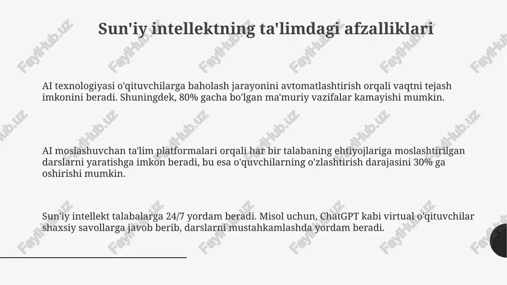 atlashtirish va o'qituvchilarning vaqtini tejash, shu bilan ularning asosiy vazifalariga e'tibor berishiga yordam beradi. ta'lim tizimiga ai-ni integratsiya qilishda, talabalarning 80% uchun moslashtirilgan o'quv dasturlarini yaratish va ularning bilim olish tezligini oshirishga e'tibor qaratish lozim. o'qituvchilarni ai vositalaridan foydalanishga o'rgatish uchun kompleks treninglar o'tkazish, 75% o'qituvchilarning ai texnologiyalari bilan tanishishini ta'minlash muhim. sun'iy intellektning ta'limdagi kamchiliklari va xavflari sun'iy intellektning noto'g'ri ma'lumot tarqatishi 10-15% hollarda o'quvchilarning faktlar haqida noto'g'ri tushunchaga ega bo'lishiga sabab bo'lishi mumkin, tanqidiy fikrlashni susaytiradi. algoritmlarning diskriminatsiyasi 25% gacha holatlarda ta'lim resurslariga teng bo'lmagan kirish huquqini yaratadi, bu esa o'quvchilarning imkoniyatlarini cheklaydi. ma'lumotlar xavfsizligi va shaxsiy ma'lumotlarning buzilishi 30% ga ko'paygan, bu esa o'quvchilarning maxfiyligiga putur yetkazadi va noqonuniy foydalanish xavfini oshiradi. e'tiboringiz uchun rahmat