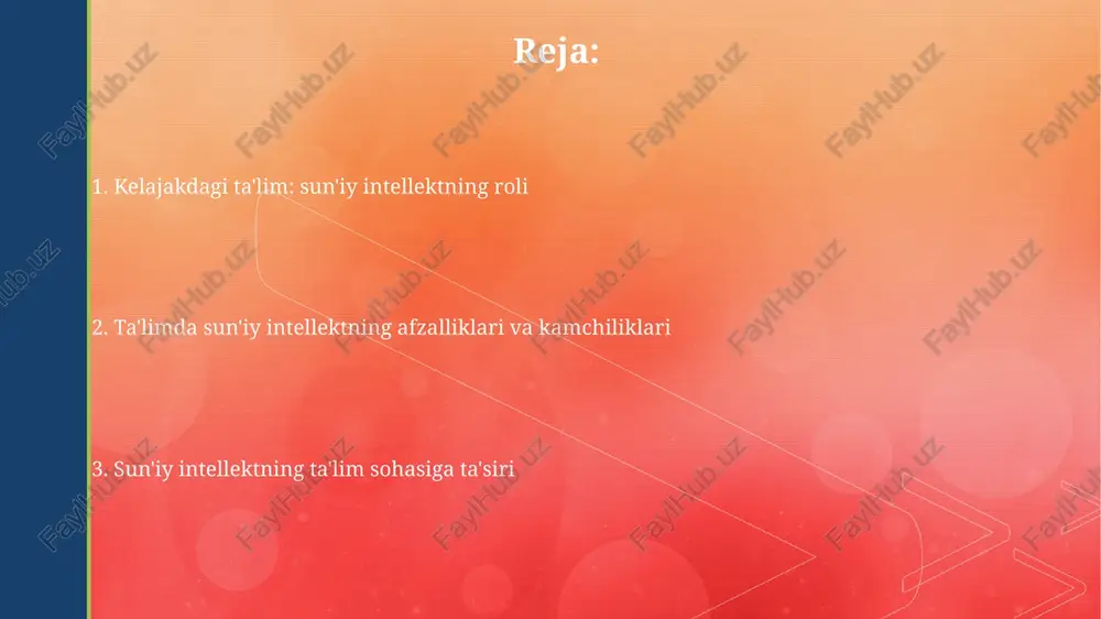 shtirish darajasini oshiradi va har bir talabaga shaxsiy e’tibor beradi. ai-ga asoslangan adaptiv oʻquv platformalari har bir talabaning oʻquv tezligiga moslashadi, 75% gacha natijani yaxshilaydi va individual oʻquv rejalari orqali 2 barobar tezroq oʻrganishga yordam beradi. sun'iy intellekt ta'limda: qiyinchiliklar va xavflar sun'iy intellekt tomonidan yaratilgan kontentning haqiqiyligini tekshirish qiyin, bu esa 2024-yilda talabalarning plagiat holatlarini 30% ga oshirishi mumkin. sun'iy intellekt tizimlarining algoritmlaridagi noto'g'ri ma'lumotlar ta'limda kamsitishga olib kelishi mumkin, ayniqsa 10% kam ta'minlangan o'quvchilar uchun. kelajakdagi ta'lim: sun'iy intellektning istiqbollari ai o'quv dasturlarini tahlil qilib, 95% aniqlik bilan bo'shliqlarni aniqlaydi va o'quv materiallarini shaxsiy ehtiyojlarga moslashtiradi, bu esa o'quv samaradorligini sezilarli darajada oshiradi. sun'iy intellekt ta'limda 24/7 shaxsiy yordamchi sifatida namoyon bo'ladi, har bir o'quvchiga moslashgan, interaktiv va o'z vaqtida maslahatlar beradi, natijada o'qish tezlashadi. e'tiboringiz uchun rahmat image5.jpg image6.jpg image7.jpg image8.jpg image9.jpg image10.jpg image11.jpg image1.png image2.png