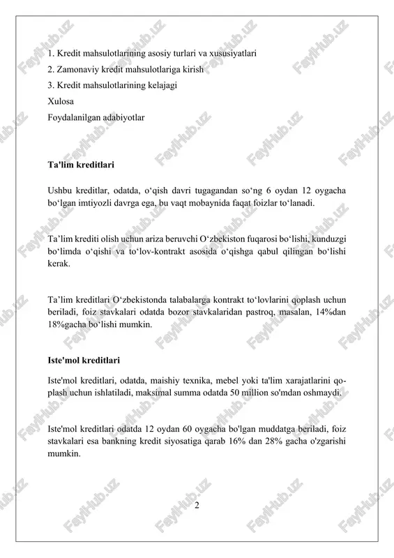 arz oluvchining kreditga layoqatliligini baholash uchun standard poor's kabi agentliklar tomonidan beriladi. moody's va fitch ratings kabi reyting agentliklari korporativ obligatsiyalar va hukumat qarzlariga investitsiya darajasi yoki spekulativ daraja kabi reytinglar tayinlaydi. kredit baholash qarorlari "5 cs of credit" - xarakter, imkoniyat, kapital, garov va sharoitlarni hisobga olgan holda qabul qilinadi va riskni aniqlaydi. so'nggi tendentsiyalar va innovatsiyalar 'buy now, pay later' (bnpl) xizmatlari chakana savdoda mashhurlik kasb etmoqda, 0% foizli qisqa muddatli kreditlar taklif qilib, an’anaviy kredit kartalariga alternativ bo’lib xizmat qiladi. blokcheyn texnologiyasi kredit berish jarayonini soddalashtirish uchun ishlatiladi, shaffoflikni oshiradi, firibgarlikni kamaytiradi va kredit baholashining yangi usullarini joriy etadi. shaxsiy moliyani boshqarish uchun sun’iy intellekt (ai) asosidagi ilovalar, real vaqt rejimida kredit xatarlarini baholash va shaxsiy kredit tavsiyalarini berish imkoniyatini yaratadi. kredit mahsulotlarining afzalliklari va kamchiliklari afzalliklardan biri - kredit tarixini shakllantirish va yaxshilash imkoniyati, bu kelajakda yanada foydali shartlarda kredit olishga yordam beradi. kreditning kamchiligi - …