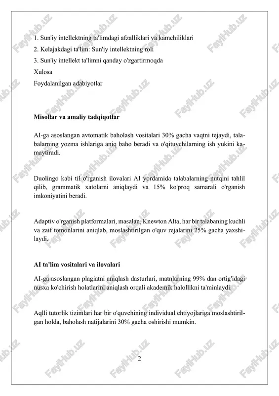 obotlarni baholashda foydalanish mumkin, bu esa o'qituvchilarga vaqtni tejash va baholashda xolislikni oshirish imkonini beradi. ai baholashda shaffoflikni ta'minlash uchun talabaning javoblaridagi xatolarni aniqlash va ularning sabablarini tushuntirish imkonini beradi, bu esa talabalarga o'z xatolarini tushunishga yordam beradi. ai adaptiv test tizimlari orqali talabalarning bilim darajasini aniqroq baholash imkoniyatini beradi, shuningdek, har bir talabaga moslashtirilgan savollarni taqdim etish orqali ta'lim sifatini oshiradi. kelajak tendentsiyalari o'qituvchilarning avtomatlashtirilgan baholash va ma'muriy vazifalardan ozod bo'lishi 2027-yilga kelib ularning darsga bo'lgan vaqtini 25% ga oshiradi. virtual reallik (vr) va ai integratsiyasi orqali immersiv ta'lim tajribalari 2030-yilga kelib 45% ga oshishi mumkin, bu esa amaliy ko'nikmalarni shakllantirishga yordam beradi. ai-ga asoslangan moslashuvchan o'rganish platformalari 2025-yilga kelib 30% ga o'sishi kutilmoqda, har bir o'quvchiga moslashtirilgan ta'lim berish imkonini yaratadi. avtomatlashtirish va samaradorlik ai yordamida yaratilgan adaptiv o'quv platformalari o'quvchilarning 75% dan ortig'ida o'zlashtirish darajasini oshirib, samaradorlikni oshiradi. avtomatlashtirilgan baholash tizimlari o'quvchilarning ishlarini 90% gacha tezroq baholashga …