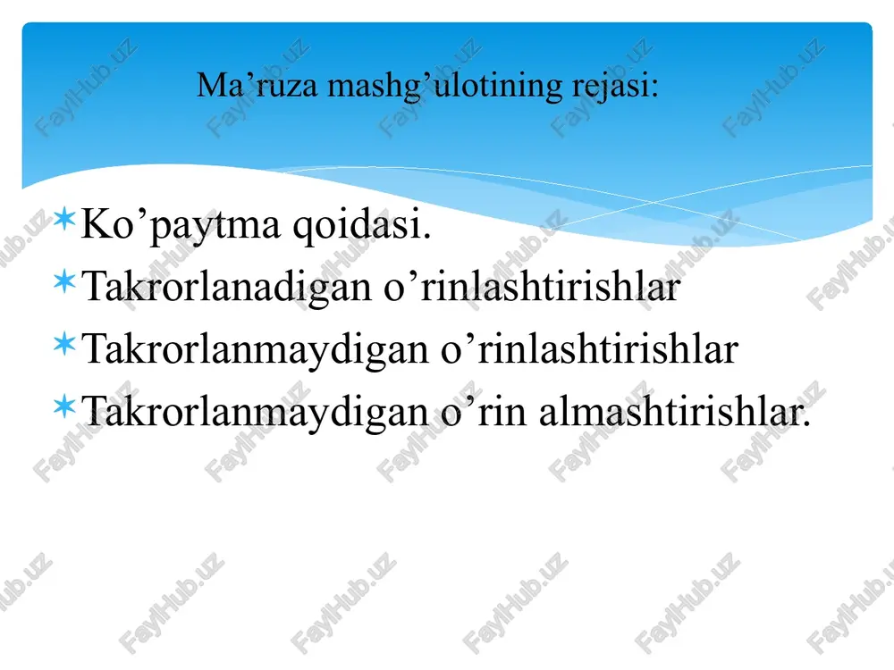 gan masala. 8 ta ladyani shaxmat doskasida bir-birini urmaydigan qilib necha usul bilan joylashtirish mumkin? yechish. ladyalar soni 8 ta. o`rin almashtirishlarning ba’zi qiymatlari: ta’rif bo`yicha! masalan, 5!= 1·2·3·4·5 = 120, m! = pm bilan belgilanadi va takrorlanmaydigan o’rin almashtirishlar soni deb ataladi. mustaqil topshiriq ko‘paytma qoidasi bilan yechiladigan kombinatorik masalalardan namuna keltiring. 1 dan 9 gacha bo‘lgan raqamlardan nechta 5 xonali son tuzish mumkin? masala yechimi kombinatorikaning qaysi formulasi bilan ifodalanadi? ekanini isbotlang. image2.png image3.png image4.gif image5.gif image6.wmf ) ( ) ( a b n b a n * = *