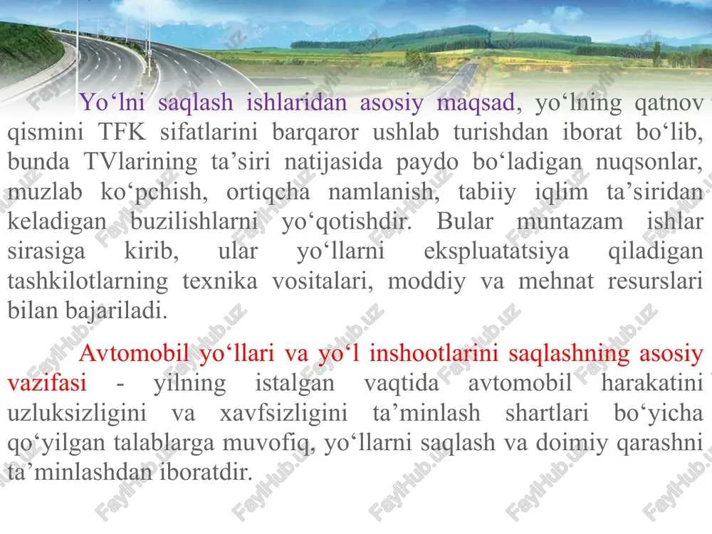a turdagi qoplamalar qishki sirpanchiqda ishlatilgan materiallardan tozalanadi. bugungi kunda saqlash ishlarida zamonaviy universal mashinalarni ishlatish davr talabi bo‘lib qolmoqda. yozda takomillashtirilgan qoplamalarni saqlashda suv sepuvchi mashinalar yoki mexanik chyotkalar bilan tozalashdan iborat bo‘ladi. yozda quyosh nuri ta’sirida qoplamaning ayrim joylarida ortiqcha bog‘lovchi materiallar chiqib qolishi mumkin. bunday uchastkalarga oz miqdorda (0,1 ÷ 0,2 l/m2) organik eritmalar (kerosin, solyarka, moy) bilan ishlov berib, ketidan mayda tosh yoki yirik qum sepiladi va 0,5 soatdan keyin mashina bilan supirib tashlanadi. kuzda turli qoplamali yo‘l to‘shamalarini saqlash ishlari qishga tayyorgarlik ishlaridan iborat bo‘ladi: qoplama tozalanib, yoriqlar berkitiladi va qoplama yuzasidagi suvlarning oqib ketishi bo‘yicha choralar ko‘riladi. yilning turli faslardagi ishlar qoplama turlariga qarab belgilanadi. gruntli yo‘llarni saqlash ishlarida yuzani avtogreyder yoki boshqa mashina bilan tekislash va chuqur izlarga grunt tashlab, katok bilan zichlash ishlari amalga oshiriladi. mayda chaqiq toshli qoplamali yo‘llarda ko‘ndalang va bo‘ylama chuqur ishlari yo‘qotiladi, qatnov qismidan suv ketgaziladi, yilning quruq …