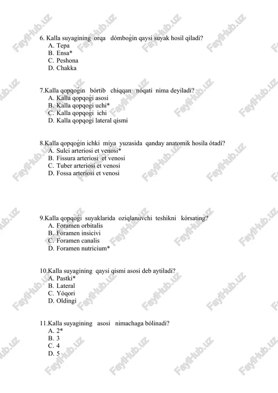 a,chakka,ensa palla qismi* b. chakka suyagi piramida qismi c. ponasimon suyak tanasi va qanoti d. yóqori jaǵ va pastki jaǵ 15.kalla suyagining tashqi asosi lotin atamasin ayting? a. basis cranii externa* b. basis cranii interna c. basis cranii mediana d. basis cranii intermediana 16.qattiq tanglayning orqa qismida qanday anatomik hosila joylashgan? a. ponasimon suyakning qanot ósigi* b. ponasimon suyakning kichik qanoti c. ensa suyagining halqum dómboǵi d. ensa suyagining kóndalang egati 17.xoanalar tashqi tarafdan nima orqali chegaralanadi? a. ponasimon ósikning medial plastinkasi* b. peshona suyagining oldingi plastinkasi c. tepa suyagining perpendikulyar plastinkasi* d. ensa suyagining gorizontal plastinkasi 18.xoanalar qaysi suyak orqali ikkiga bólinadi? a. concha nasalis superior b. lamina perpendiculyaris ethmoidalis c. lamina horizontalis ethmoidalis d. vomer* 19.kalla suyagining tashqi asosin qaysi suyaklar quraydi? a. ponasimon suyak tanasi va katta qanoti,chakka suyagining pastki yuzasi,ensa suyagining asosi va palla qismining oldingi qismi* b. ponasimon suyak tanasi va kichik qanoti,chakka suyagining palla …