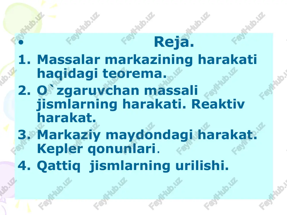 aydi. 2.o`zgaruvchan massali jismlarning harakati. reaktiv harakat. agar raketaning ixtiyori t vaqtdagi massasi m tezligi  impulsi esa m bo'lsa, dt vaqt o'tgandan keyin uni massasi dm, tezligi d impulsi esa bo'ladi, bu vaqtda hosil bo'lgan gazning impulsi .tizimning t+dt vaqtdagi yig'indi impulsidan t vaqtdagi impulsni dt vaqt oralig'idagi ayirmasi fdt ga teng. (1) bunda f – raketaga ta'sir ko'rsatayotgan barcha tashqi kuchlarning (erning hamda quyosh va planeta)larning gravitatsion tortishish, muhitning qarshilik kuchlarining geometrik yig'indisi. (1) dan quyidagini hosil qilamiz (2) bunda gazni raketaga nisbatan oqib chiqish tezligi bo'lib uni gaz oqimini tezligi deyiladi. (2) dan yoki (3) (3) ni meshcherskiy tenglamasi yoki o'zgaruvchan massali jismning xarakat tenglamasi deyiladi. bunda - reaktiv kuch ya'ni raketadan oqib chiquvchi gazning raketaga ta'sir etuvchi kuchi, tenglama raketaga birinchi kosmik tezlik berilishi kerak bo'lsa, ya'ni shunday berilsinki, natijada u er atrofida aylana bo'ylab xarakatlansin. bu tezlik =8km/c . gaz oqimining tezligi nisb=4km/s bo'lganda nisb=2km/s …