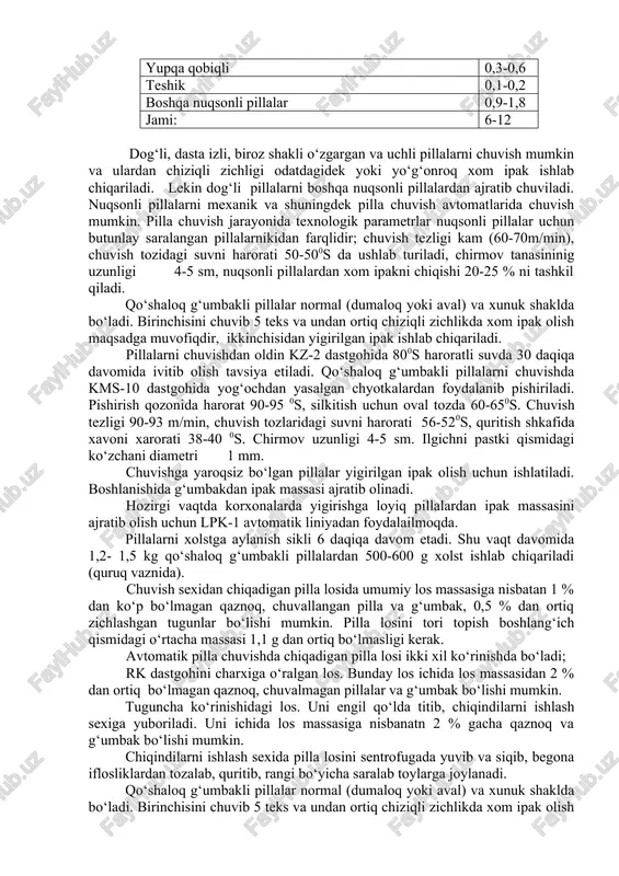 yo‘li bilan olingan, rangi bir xil bo‘lmagan, 3 % gacha o‘simlik iflosliklari bo‘lgan paxtasimon los kiradi. saralangan paxta losi 40 kg dan ko‘p bo‘lmagan massada toylarga presslanadi. saralash sexidan chiqadigan ikki g‘umbakli pillalar bilan birga nuqsonli pillalarni chiqishi quyidagi chegarada bo‘ladi. (o‘zgarib turadi) (%) qo‘shaloq g‘umbakli 1-2 xunuk shaklli 0,2-0,4 yumshoq pillalar 1,5-3,0 dog‘li (ustki dog‘li) 1-2 ichki dog‘li 0,5-1,0 chala o‘ragan 0,5-1,0 yupqa qobiqli 0,3-0,6 teshik 0,1-0,2 boshqa nuqsonli pillalar 0,9-1,8 jami: 6-12 dog‘li, dasta izli, biroz shakli o‘zgargan va uchli pillalarni chuvish mumkin va ulardan chiziqli zichligi odatdagidek yoki yo‘g‘onroq xom ipak ishlab chiqariladi. lekin dog‘li pillalarni boshqa nuqsonli pillalardan ajratib chuviladi. nuqsonli pillalarni mexanik va shuningdek pilla chuvish avtomatlarida chuvish mumkin. pilla chuvish jarayonida texnologik parametrlar nuqsonli pillalar uchun butunlay saralangan pillalarnikidan farqlidir; chuvish tezligi kam (60-70m/min), chuvish tozidagi suvni harorati 50-500s da ushlab turiladi, chirmov tanasininig uzunligi 4-5 sm, nuqsonli pillalardan xom ipakni chiqishi 20-25 % …