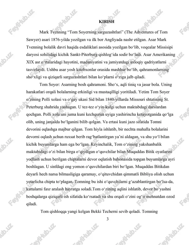 ochgan. polli xola uni juma kuni kechqurun uyiga yashirincha ketayotganida qoʻlga olib, uning janjalda boʻlganini bilib qolgan. va ertasi kuni jazo sifatida tomni devorini oqlashga majbur qilgan. tom hiyla ishlatib, bir nechta mahalla bolalarini devorni oqlash uchun ruxsat berib ragʻbatlantirgan ya’ni aldagan, va shu yoʻl bilan kichik buyumlarga ham ega boʻlgan. keyinchalik, tom oʻzining yakshanbalik maktabidagi oʻzi bilan birga oʻqiydigan oʻquvchilar bilan muqaddas bitik oyatlarini yodlash uchun berilgan chiptalarni devor oqlatish bahonasida topgan buyumlarga ayri boshlagan. u sinfdagi eng yomon oʻquvchilardan biri boʻlgan. muqaddas bitikdan deyarli hech narsa bilmasligiga qaramay, oʻqituvchidan qimmatli bibliya olish uchun yetarlicha chipta toʻplagan. tomning bu ishi oʻquvchilarni gʻazablantirgan boʻlsa-da, kattalarni faxr aralash hayratga soladi.tom o‘zining aqlini ishlatib, devor bo‘yashni boshqalarga qiziqarli ish sifatida ko‘rsatadi va shu orqali o‘zini og‘ir mehnatdan ozod qiladi. tom qishloqqa yangi kelgan bekki techerni sevib qoladi. tomning 3 muqaddas kitobni mukofot sifatida olishi mashhur sudya boʻlgan techerning (bekkining otasi) eʼtiboriga tushishiga …