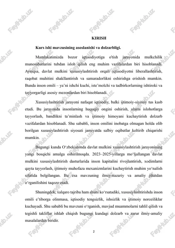 shu sababli bu mavzuni o‘rganish, mavjud muammolarni tahlil qilish va tegishli takliflar ishlab chiqish bugungi kundagi dolzarb va zarur ilmiy-amaliy masalalardan biridir. bozor iqtisodiyotiga bosqichma-bosqich o‘tish jarayonida mulkchilik munosabatlarini isloh qilish, xususan davlat mulkini xususiylashtirish muhim strategik vazifa hisoblanadi. xususiylashtirish orqali iqtisodiyotda raqobat muhiti shakllanadi, samaradorlik oshadi va iqtisodiy erkinlik kengayadi. ushbu jarayonning muvaffaqiyatli amalga oshirilishi esa, avvalo, inson omilining to‘g‘ri baholanishi va unga asoslangan siyosat yuritilishiga bog‘liqdir. mulkni xususiylashtirish jarayoni faqat iqtisodiy islohot emas, balki ijtimoiy-siyosiy muhitga bevosita ta’sir etuvchi murakkab tizimdir. unda ishtirok etuvchi insonlarning — tadbirkorlar, ishchilar, iste’molchilarning huquqiy ongi, bilim va ko‘nikmalari, psixologik tayyorgarligi hal qiluvchi rol o‘ynaydi. xususiylashtirish inson omilini hisobga olmasdan amalga oshirilsa, bu jamiyatda ijtimoiy beqarorlik, ishsizlik va iqtisodiy tengsizlik kabi salbiy oqibatlarga olib keladi. bugungi kunda o‘zbekiston respublikasi davlat mulkini xususiylashtirish jarayonining yangi bosqichiga qadam qo‘ymoqda. 2023–2025-yillarga mo‘ljallangan xususiylashtirish siyosatida inson kapitalini rivojlantirish, bandlikni ta’minlash, xodimlarni qayta tayyorlash va ijtimoiy himoyani kuchaytirish …