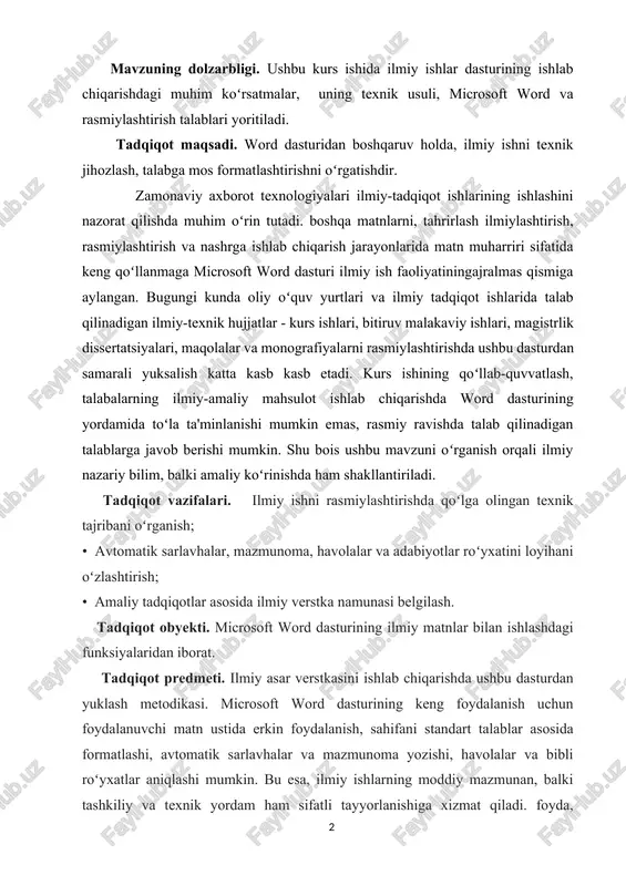 amarali yuksalish katta kasb kasb etadi. kurs ishining qoʻllab-quvvatlash, talabalarning ilmiy-amaliy mahsulot ishlab chiqarishda word dasturining yordamida toʻla ta'minlanishi mumkin emas, rasmiy ravishda talab qilinadigan talablarga javob berishi mumkin. shu bois ushbu mavzuni oʻrganish orqali ilmiy nazariy bilim, balki amaliy koʻrinishda ham shakllantiriladi. tadqiqot vazifalari. ilmiy ishni rasmiylashtirishda qoʻlga olingan texnik tajribani oʻrganish; • avtomatik sarlavhalar, mazmunoma, havolalar va adabiyotlar roʻyxatini loyihani oʻzlashtirish; • amaliy tadqiqotlar asosida ilmiy verstka namunasi belgilash. tadqiqot obyekti. microsoft word dasturining ilmiy matnlar bilan ishlashdagi funksiyalaridan iborat. tadqiqot predmeti. ilmiy asar verstkasini ishlab chiqarishda ushbu dasturdan yuklash metodikasi. microsoft word dasturining keng foydalanish uchun foydalanuvchi matn ustida erkin foydalanish, sahifani standart talablar asosida formatlashi, avtomatik sarlavhalar va mazmunoma yozishi, havolalar va bibli roʻyxatlar aniqlashi mumkin. bu esa, ilmiy ishlarning moddiy mazmunan, balki tashkiliy va texnik yordam ham sifatli tayyorlanishiga xizmat qiladi. foyda, me'yorlarga hujjatlar ilmiy loyiha va elektron shakldagi topshiriq formatlari talabalar uchun hujjatlardan biridir. …