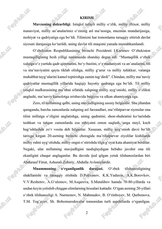 g‘oyat kata ahamiyat berdilar. negaki, ular millatning mavjudligini tasdiqlaydigan bebaho javohir ona tili ekanligini chuqur anglaganlar. bu davrda ijod qilgan yetuk tilshunoslardan biri abdurauf fitrat, ashurali zohiriy, abdulla avloniylardir. muammoning o‘rganilganlik darajasi. o‘zbek tilshunosligining shakllanishi va taraqqiy etishida d.polivanov, k.k.yudaxin, a.k.borovkov, v.v.reshetov, a.g‘ulomov, m.asqarova, s.mutalibov hamda 70-80-yillarda va undan keyin yetishib chiqqan olimlarning hissalari kattadir. o‘tgan asrning 20-yillari o‘zbek tilshunosligi a. nurmonov, n. mahmudov, b. o‘rinboyev, m. qurbonova, t.m. tog‘ayev, sh. bobomurodovalar tomonidan turli aspektlarda o‘rganilgan. ayniqsa, fitratning tilshunoslik merosini o‘rganishda tilshunos m.qurbonovaning o‘rni kattadir. tadqiqotning maqsad va vazifalari. tadqiqotning asosiy maqsadi hozirgi o‘zbek adabiy tilining morfemika bo‘limini o‘rganish va ochib berish. shundan kelib chiqqan holda, tadqiqot oldiga quyidagi vazifalar qo‘yildi: · morfemikani nazariy jihatdan o‘rganish; · o‘zbek tilshunosligining shakllanishi uchun asos bo‘lgan ilmiy manbalarni tavsiflash; · morfema va so‘z tarkibini tahlil qilish; · so‘z yasalishi va uning morfemik tarkibini nazariy jihatdan yoritish. tadqiqotning ilmiy va amaliy ahamiyati. ushbu tadqiqot …