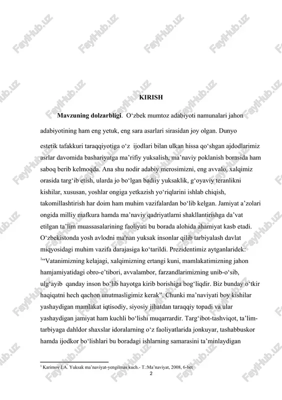 irishga da’vat etilgan ta’lim muassasalarining faoliyati bu borada alohida ahamiyat kasb etadi. o‘zbekistonda yosh avlodni ma'nan yuksak insonlar qilib tarbiyalash davlat miqyosidagi muhim vazifa darajasiga ko‘tarildi. prezidentimiz aytganlaridek: “vatanimizning kelajagi, xalqimizning ertangi kuni, mamlakatimizning jahon hamjamiyatidagi obro-e’tibori, avvalambor, farzandlarimizning unib-o‘sib, ulg‘ayib qanday inson bo‘lib hayotga kirib borishiga bog‘liqdir. biz bunday o‘tkir haqiqatni hech qachon unutmasligimiz kerak”. chunki ma’naviyati boy kishilar yashaydigan mamlakat iqtisodiy, siyosiy jihatdan taraqqiy topadi va ular yashaydigan jamiyat ham kuchli bo‘lishi muqarrardir. targ‘ibot-tashviqot, ta’lim-tarbiyaga dahldor shaxslar idoralarning o‘z faoliyatlarida jonkuyar, tashabbuskor hamda ijodkor bo‘lishlari bu boradagi ishlarning samarasini ta’minlaydigan yetakchi omillardan sanaladi, yurtboshimiz bu borada “ma’naviyat haqida har qancha da’vatlar, muhim nazariy fikrlar bildirilmasin, agar ularni jamiyat ongiga singdirish uchun doimiy ish olib bormasak, bu boradagi faoliyatimizni har tomonlama puxta o‘ylangan tizimli ravishda tashkil etmasak, tabiiyki, biz ko‘zlangan maqsadga erisholmaymiz, ya’ni inson qalbiga yo‘l topolmaymiz?” shundan kelib chiqib aytish mumkinki, har bir xalq pedagogikasida milliy merosga, xususan, …