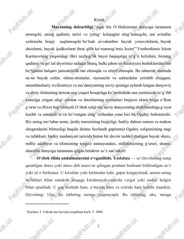 tilimizning tengsiz namayondasi, millatimizning g‘ururi, shonu-sharafini dunyoga tarannum qilgan betakror so’z san’atkori. [1: karimov i. yuksak ma’naviyat-yengilmas kuch. t. 2008. ] o‘zbek tilida undalmalarnini o‘rganilishi. undalma — soʻzlovchining nutqi qaratilgan shaxs yoki shaxs deb tasavvur qilingan predmet hodisani bildiradigan so‘z yoki soʻz birikmasi. u kirishlar yoki kiritmalar kabi, gapni kengaytiradi, ammo uning boʻlaklari bilan sintaktik aloqaga kirishmaydi,yozuvda vergul yoki undov belgisi bilan ajratiladi. u gap boshida ham, oʻrtasida ham va oxirida ham kelishi mumkin. qiyoslang: uka, bu ishlaring menga yoqmayapti; bu ishlaring, uka, menga yoqmayapti; bu ishlaring menga yoqmayapti, uka. bolalar! koʻchada ehtiyot boʻlinglar. gap boshida u. maxsus intonatsiya bilan aytiladi va baʼzan vokativ gap vazifasini bajaradi. u kirish, kiritma kabi, fikr bayonida muhim oʻrin tutadi. shuning uchun ularni gapning uchinchi darajali boʻlaklari sifatida qarash ham mavjud.[footnoteref:2] [2: http://uz.m.wikipedia.org] so‘zlovchi tinglovchilarga murojaat etish orqali unga subyektiv munosabatini ifodalashni maqsad qilib olsa, u vaqtda undalma gap o‘rtasi va oxirida keladi. masalan, …