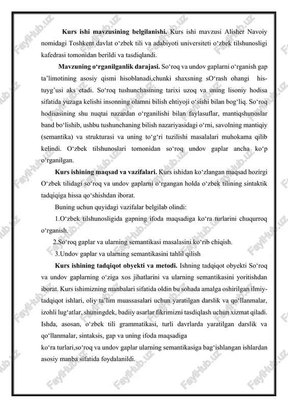 shimizning manbalari sifatida oldin bu sohada amalga oshirilgan ilmiy-tadqiqot ishlari, oliy ta’lim muassasalari uchun yaratilgan darslik va qo‘llanmalar, izohli lug‘atlar, shuningdek, badiiy asarlar fikrimizni tasdiqlash uchun xizmat qiladi. ishda, asosan, o‘zbek tili grammatikasi, turli davrlarda yaratilgan darslik va qo‘llanmalar, sintaksis, gap va uning ifoda maqsadiga ko‘ra turlari,so‘roq va undov gaplar ularning semantikasiga bag‘ishlangan ishlardan asosiy manba sifatida foydalanildi. kurs ishining ilmiy va amaliy ahamiyati. kurs ishining ilmiy va amaliy ahamiyati so‘roq va undov gaplarga turli xil tomondan yondashib, turlarga ajratish, avvalo, shuni ta’kidlash lozimki, bu kabi ishlarni amalga oshirishdan maqsad, birinchidan, tilshunoslik doirasidagi grammatik qoidalarda va ular orqali amaliyotda yuzaga kelishi mumkin bo‘lgan muammolarni bartaraf etishi lozim. ikkinchidan, ta’lim-tarbiya sohasida o‘quvchilar va mustaqil o‘rganuvchilarga o‘qish-o‘qitish jarayonlarini yengillashtirishdan iborat bo‘lishi lozim. zeroki, bugungi zamonaviylashgan texnika asri ham aynan shunday sodda, oson, ham qulay, ayniqsa, samarali o‘rgatish va o‘rganish tarafdoridir. kurs ishining tuzilishi. kurs ishi tuzilish jihatidan kirish,ikki bob, umumiy xulosalar, foydalanilgan …
