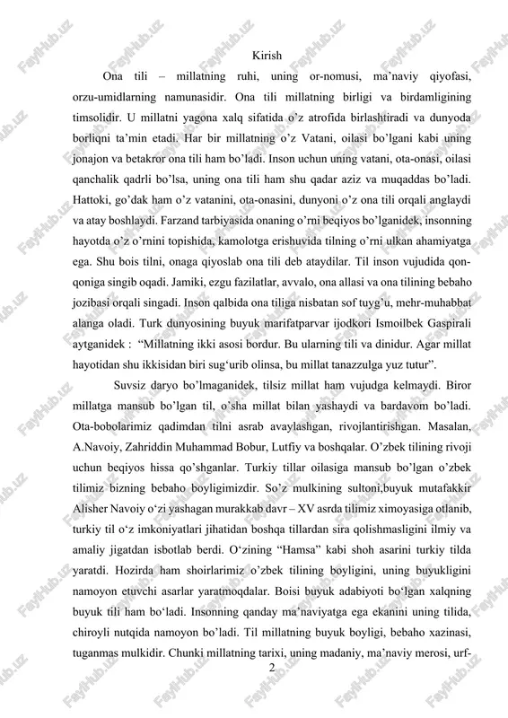 an, a.navoiy, zahriddin muhammad bobur, lutfiy va boshqalar. o’zbek tilining rivoji uchun beqiyos hissa qo’shganlar. turkiy tillar oilasiga mansub bo’lgan o’zbek tilimiz bizning bebaho boyligimizdir. so’z mulkining sultoni,buyuk mutafakkir alisher navoiy o‘zi yashagan murakkab davr – xv asrda tilimiz ximoyasiga otlanib, turkiy til o‘z imkoniyatlari jihatidan boshqa tillardan sira qolishmasligini ilmiy va amaliy jigatdan isbotlab berdi. o‘zining “hamsa” kabi shoh asarini turkiy tilda yaratdi. hozirda ham shoirlarimiz o’zbek tilining boyligini, uning buyukligini namoyon etuvchi asarlar yaratmoqdalar. boisi buyuk adabiyoti bo‘lgan xalqning buyuk tili ham bo‘ladi. insonning qanday ma’naviyatga ega ekanini uning tilida, chiroyli nutqida namoyon bo’ladi. til millatning buyuk boyligi, bebaho xazinasi, tuganmas mulkidir. chunki millatning tarixi, uning madaniy, ma’naviy merosi, urf-odatlari va an’alari unda mujassam bo’ladi. shu sababli ona tilimizni asrab-avaylash, uni boyitishimiz va avlodlarga to’liqligicha yetkazishimiz kerak. birinchi prezidentimizning ta’biri bilan aytganda “o‘zlikni anglash, milliy ong va tafakkurning ifodasi, avlodlar o’rtasidagi ruhiy-milliy bog’liqlik til orqali vujudga keladi”. bu …