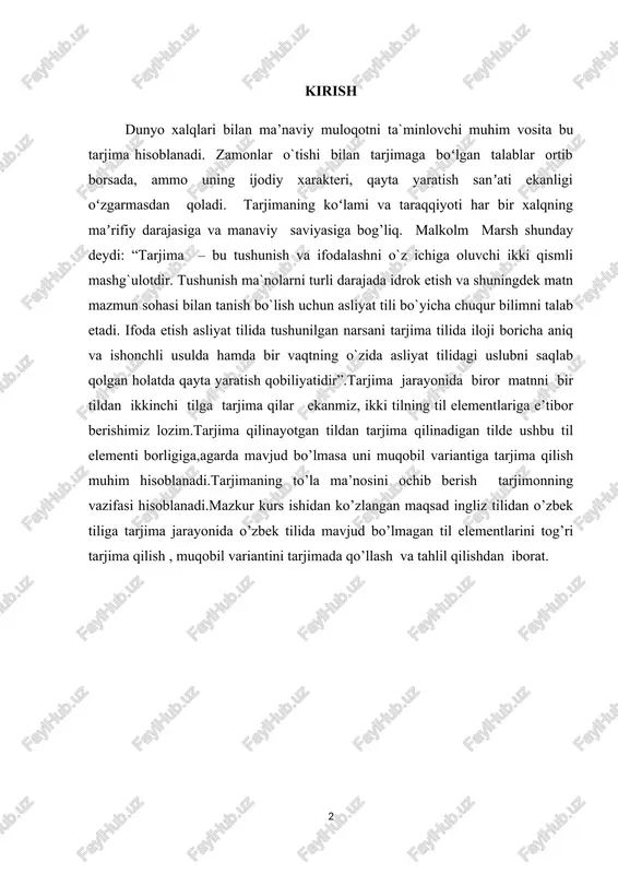 ’g’ri tarjima qilinishi ingliz tili va o'zbek tilining o'xshash jihatlar ko’p, shu bilan birgalikda farqli jihatlari mavjud va bunga misol tariqasida artikl til birligini olishimiz mumkin. artikllar koʻplab hind-evropa tillarida, semit tillarida va polineziya tillarida uchraydi. ammo ular dunyoning koʻpgina asosiy tillari hisoblangan xitoy, yapon, koreys, moʻgʻul, koʻplab turkiy tillarda (masalan: tatar, boshqird, tuvan va chuvash), indoneziya, hind-urdu, panjob, tamil, boltiqboʻyi tillari, koʻplab slavyan tillarida mavjud emas. shimoliy kavkaz tillarining ayrimlarida ham artikllari bor,lekin ulardan foydalanish ixtiyoriydir. biroq, ingliz va nemis tillarida artikl bu tilning asosiy birligi hisoblanadi.tilshunoslarning fikricha, hind-evropa tillarida dastlab artikllar mavjud bo’lmagan. artikllar vaqtlar o’tgan sayin boshqa tillardan kirib kelgan. qadimiy yunon tilida aniq artikl (zamonaviy yunon tilida ham saqlanib qolgan bo’lib, nemis tilidagi aniq artikl bilan funksional oʻxshashdir) mavjud boʻlsa-da, dastlabki gomer yunon tilida ushbu artiklni asosan olmosh yoki koʻrsatuvchi sifatida foydalangan. artikllar bir nechta til oilalarida mustaqil ravishda ishlab chiqilgan bo’lib, shu sababli barcha tillarda …