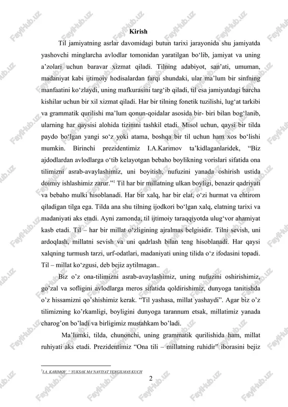 iyotda ulug‘vor ahamiyat kasb etadi. til – har bir millat o‘zligining ajralmas belgisidir. tilni sevish, uni ardoqlash, millatni sevish va uni qadrlash bilan teng hisoblanadi. har qaysi xalqning turmush tarzi, urf-odatlari, madaniyati uning tilida o‘z ifodasini topadi. til – millat ko‘zgusi, deb bejiz aytilmagan.. [1: i.a. karimov “ yuksak ma‘naviyat yengilmas kuch] biz o’z ona-tilimizni asrab-avaylashimiz, uning nufuzini oshirishimiz, go’zal va sofligini avlodlarga meros sifatida qoldirishimiz, dunyoga tanitishda o’z hissamizni qo’shishimiz kerak. “til yashasa, millat yashaydi”. agar biz o’z tilimizning ko’rkamligi, boyligini dunyoga tarannum etsak, millatimiz yanada charog’on bo’ladi va birligimiz mustahkam bo’ladi. ma’lumki, tilda, chunonchi, uning grammatik qurilishida ham, millat ruhiyati aks etadi. prezidentimiz “ona tili – millatning ruhidir” iborasini bejiz ta’kidlamagan edilar. shunday ekan, bugungi kurs ishimiz orqali ham o’zimizning ona tilimiz, undagi jamlovchi sonlar va ularning rus tili bilan qiyosi haqida fikr – mulohazalarimiz bilan yondashishni niyat qildik. o`zbek tilida jamlovchi sonlar tasnifi son (tilshunoslikda) —1) mustaqil …
