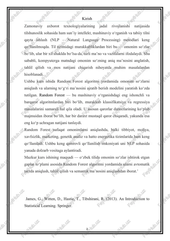 hdan iborat.[endnoteref:1] [1: ] james, g., witten, d., hastie, t., tibshirani, r. (2013). an introduction to statistical learning. springer. i.random forest algoritmi haqida nazariy ma’lumot 1. random forest algoritmining mohiyati random forest — bu ansambl o‘rganish (ensemble learning) usuliga asoslangan mashinaviy o‘rganish algoritmidir. u bir nechta qarorlar daraxti (decision trees) ni yaratib, ularning har birining natijasini birlashtiradi va umumiy qaror chiqaradi. bu usul o‘rganishda yuqori aniqlikni ta’minlaydi va overfitting muammosini kamaytiradi. random forest nomi bejiz tanlanmagan — bu o‘rmon (forest) daraxtlardan tashkil topgan bo‘lib, har bir daraxt alohida model hisoblanadi va o‘z “ovozini” beradi. yakuniy qaror esa eng ko‘p ovoz to‘plagan sinfga qarab aniqlanadi (majority voting). 2. ishlash prinsipi random forest quyidagi bosqichlarda ishlaydi: 1. ma’lumotlar to‘plamidan tasodifiy holda (bootstrap) kichik namunalar olinadi. 2. har bir namunaga asoslangan holda beshta va undan ortiq qaror daraxtlari quriladi. 3. har bir daraxt o‘zining mustaqil qarorini chiqaradi. 4. daraxtlar natijasi birlashtirilib, eng ko‘p …