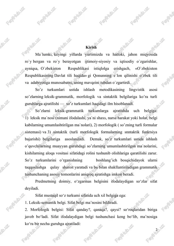 t deyiladi. sifat mustaqil so‘z turkumi sifatida uch xil belgiga ega: 1. leksik-semantik belgi. sifat belgi ma’nosini bildiradi. 2. morfologik belgisi: sifat qanday?, qanaqa?, qaysi? so‘roqlaridan biriga javob bo‘ladi. sifat ifodalaydigan belgi tushunchasi keng bo‘lib, ma’nosiga ko‘ra bir necha guruhga ajratiladi: a) rang-tus ma’nosini bildiradigan sifatlar: oq, qizil, sariq, havo rang, kul rang, yashil, zangori; b) hajmi ma’nosini bildiradi: keng, tor, baland, past, uzun, chuqur, yirik, mayda; v) shakl va ko‘rinish ma’nosini bildiradi: dumaloq, yassi, egri, qiyshiq, do‘ng; g) maza-ta’m ma’nosini bildiradi: shirin, achchiq, nordon, sho‘r, taxir, chuchmal, bemaza; d) xarakter-xususiyat ma’nosini bildiradi: muloyim, odobli, shirinso‘z, chaqqon, sho‘x, yalqov, dangasa, chechan, qo‘rs, qaysar. xarakter-xususiyat bildiruvchi sifatlar ijobiy yoki salbiy xususiyatlarni ifodalaydi; e) hid ma’nosini bildiradi: sassiq, qo‘lansa, badbo‘y, xushbo‘y, muattar; j) holat ma’nosini bildiradi. holat bildiruvchi sifatlar ikki xil bo‘ladi: 1) psixik holatni ifodalaydi: xursand, xafa, shod, kasal, injiq; 2) tabiiy holatni ifodalaydi: yosh, qari, keksa. sifat belgini bevosita yoki …