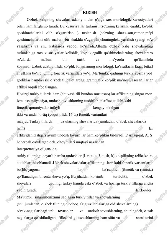 ibdiki, o‘zbek shevalari qadimgi turkiy hamda eski o‘zbek va hozirgi turkiy tillarga ancha yaqin turadi. lar.lәr//ler. ma’lumki, singarmonizmni saqlagan turkiy tillar va shevalarning (shu jumladan, o‘zbek tilining qipchoq, o‘g‘uz lahjalariga oid shevalarning) o‘zak-negizlaridagi unli tovushlar va undosh tovushlarning, shuningdek, o‘zak negizlarga qo’shiladigan affikslardagi tovushlarning ham sifat va xarakterini belgilaydi. shu tufayli ham i. a. batmanov singarmonizmli o‘zbek shevalarida ko‘plik qo‘shimchasi a, i, u, o unlilaridan so‘ng lar; ә, e, i, u, v unlilaridan keyin esa lәr formasida qo’ shilishini ko‘rsatgan (i. batmanov, 50). bu fikr singarmonizm qonuni saqlangan qipchoq va o‘g‘uz lahjasidagi shevalar materiallariga qisman to‘g‘ri keladi, chunki mazkur shevalardagi so‘zlar oxirida u, v unlilari ishlatilmaydi; o, e, (ye), u unlilari esa ba’zi so‘zlardagina uchraydia) qipchoq shevalarida a, i (), o, u unlilari bilan tugagan so‘zlarga ko‘plik qo‘shimchasi lar; ә, i (’), ye (e) unlilaridan so‘ng ler cholota, nayman, laqay kabi shevalarda ler) tarzida qo‘shiladi: xorazm (qipchoq atalar, qar ri+lar, …