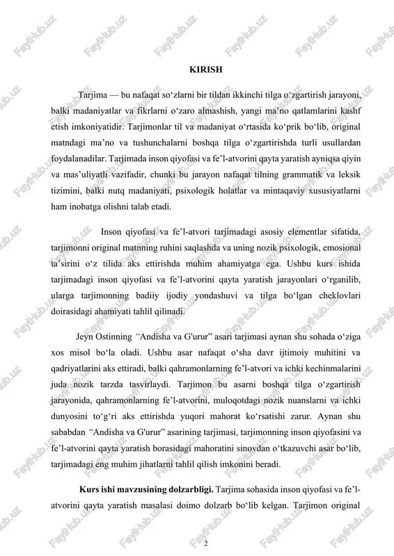 larga tarjimonning badiiy ijodiy yondashuvi va tilga bo‘lgan cheklovlari doirasidagi ahamiyati tahlil qilinadi. jeyn ostinning “andisha va g'urur” asari tarjimasi aynan shu sohada o‘ziga xos misol bo‘la oladi. ushbu asar nafaqat o‘sha davr ijtimoiy muhitini va qadriyatlarini aks ettiradi, balki qahramonlarning fe’l-atvori va ichki kechinmalarini juda nozik tarzda tasvirlaydi. tarjimon bu asarni boshqa tilga o‘zgartirish jarayonida, qahramonlarning fe’l-atvorini, muloqotdagi nozik nuanslarni va ichki dunyosini to‘g‘ri aks ettirishda yuqori mahorat ko‘rsatishi zarur. aynan shu sababdan “andisha va g'urur” asarining tarjimasi, tarjimonning inson qiyofasini va fe’l-atvorini qayta yaratish borasidagi mahoratini sinovdan o‘tkazuvchi asar bo‘lib, tarjimadagi eng muhim jihatlarni tahlil qilish imkonini beradi. kurs ishi mavzusining dolzarbligi. tarjima sohasida inson qiyofasi va fe’l-atvorini qayta yaratish masalasi doimo dolzarb bo‘lib kelgan. tarjimon original matndagi muayyan psixologik holatlarni, xarakterni, hissiyotlarni va fe’l-atvorni boshqa tildagi muhitga mos ravishda yetkazish majburiyatiga ega. shunday ekan, tarjima jarayonida inson qiyofasi va fe’l-atvorini to‘g‘ri aks ettirish juda muhim hisoblanadi. madaniyatshunoslik: …