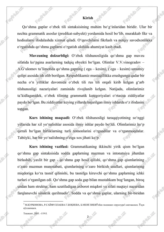 gaplarning ichki turlari o‘rganilgan edi. qo‘shma gap soda gap bilan mustahkam bog‘langan, biroq undan ham struktur, ham uzatiladigan axborot miqdori va sifati nuqtayi nazaridan farqlanuvchi sinaktik qurilmadir[footnoteref:1]. sodda va qo‘shma gaplar, ularning bir-biridan farqi , ba’zi bir o‘xshash tomonlarini bilish har bir insonga o‘z fikrini to‘g‘ri ifodalashga xizmat qiladi, uning ta’sirchanligini ta’minlaydi. [1: m.qurbonova, r.sayfullaeva g.boqieva, b.menglievo'zbek tilining struktura! sintaksisi. o'quv ko'llanmasi. toshkent. 2003. -119 b.] kurs ishining hajmi: kurs ishi kirish qism, ikki bob, to‘rt bo‘lim, xulosa va foydalanilgan adabiyotlar ro‘yxatidan iborat. jami 25 varaq. i bob. qo‘shma gap va uning turlari 1.1 qo‘shma gap haqida umumiy ma’lumot ikki yoki undan ortiq soda gapning mazmun, grammatik va ohang jihatidan birikuvidan tuzilgan gap qo‘shma gap deyiladi. bunga misol qilib: kuz kirib keldi, daraxtlarning barglari sarg‘aya boshladi. sodda gap tarkibida bitta ega va kesim birligi ishtirok etsa, qo‘shma gap tarkibida ikki yoki undan ortiq ega va kesim birligi (ya’ni grammatik asos) …