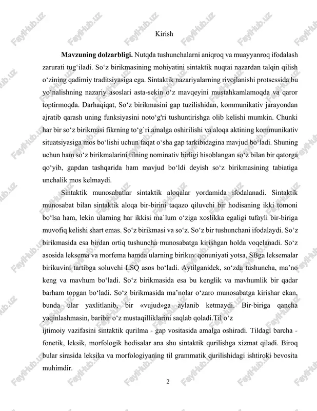 a tushuncha, ma’no keng va mavhum bo‘ladi. so‘z birikmasida esa bu kenglik va mavhumlik bir qadar barham topgan bo‘ladi. so‘z birikmasida ma’nolar o‘zaro munosabatga kirishar ekan, bunda ular yaxlitlanib, bir «vujud»ga aylanib ketmaydi. bir-biriga qancha yaqinlashmasin, baribir o‘z mustaqilliklarini saqlab qoladi.til o‘z ijtimoiy vazifasini sintaktik qurilma - gap vositasida amalga oshiradi. tildagi barcha - fonetik, leksik, morfologik hodisalar ana shu sintaktik qurilishga xizmat qiladi. biroq bular sirasida leksika va morfologiyaning til grammatik qurilishidagi ishtiroki bevosita muhimdir. mavzuning oʻrganilganlik darajasi. so‘z birikmasi, uning xususiyatlari, tarkibi, tiplari va turlari, yondosh hodisalarga munosabati, so‘z birikmasi sintaksisi, sintaktik munosabatlar va ularning ifodalanishi haqidagi r.sayfullayeva, b.mengliyev, g.boqiyeva, m.qurbonova, z.yunusova,m.abuzalova hamkorligidagi kitob[footnoteref:1], sh.rahmatullayev[footnoteref:2],n.maxmudov,a.nurmonov,[footnoteref:3]h.ne’matov,r.sayfullayeva[footnoteref:4],a.nurmonov,a.ahmedov va s.solixo‘jayevlar hamkorligida[footnoteref:5],[footnoteref:6] asarlaridagi ilmiy ishlari hamda so'z birikmasidagi sintaktik munosabatlar mavzusiga doir ma’lumot va manbalardan foydalanish va o’rganish. [1: sayfullayeva r, mengliyev b, boqiyeva g, qurbonova m, yunusova z, abuzalova m .hozirgi o‘zbek adabiy tili.-toshkent.:, 2011.-b. 590 ] [2: rahmatullayev sh., hozirgi …