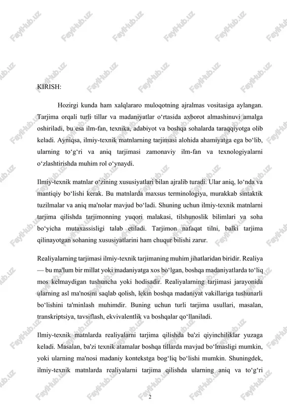 uchun turli tarjima usullari, masalan, transkriptsiya, tavsiflash, ekvivalentlik va boshqalar qo‘llaniladi. ilmiy-texnik matnlarda realiyalarni tarjima qilishda ba'zi qiyinchiliklar yuzaga keladi. masalan, ba'zi texnik atamalar boshqa tillarda mavjud bo‘lmasligi mumkin, yoki ularning ma'nosi madaniy kontekstga bog‘liq bo‘lishi mumkin. shuningdek, ilmiy-texnik matnlarda realiyalarni tarjima qilishda ularning aniq va to‘g‘ri tushunilishi, shuningdek, maqsad tilida ham tegishli ekvivalentlarning mavjudligi muhim ahamiyatga ega. ushbu kurs ishida ilmiy-texnik matnlarda realiyalarni tarjima qilishning o‘ziga xos xususiyatlari, ularni tarjima qilish usullari va bu jarayonda yuzaga keladigan muammolar tahlil qilinadi. shuningdek, realiyalarni tarjima qilishda e'tibor berilishi kerak bo‘lgan jihatlar va amaliy tavsiyalar ham ko‘rib chiqiladi. bu ish ilmiy-texnik tarjima jarayonini chuqurroq tushunishga yordam beradi va tarjimonlarga amaliy qo‘llanma sifatida xizmat qiladi. kurs ishi mavzusining dolzarbligi. ilmiy-texnik tarjima sohasida realiyalarni tarjima qilish masalasi nafaqat tilshunoslik, balki madaniyatshunoslik, antropologiya va kommunikatsiya fanlari bilan chambarchas bog‘liq bo‘lib, zamonaviy tarjima nazariyasining asosiy yo‘nalishlaridan biriga aylanmoqda. ushbu kurs ishi mavzusining dolzarbligi quyidagi jihatlar bilan …