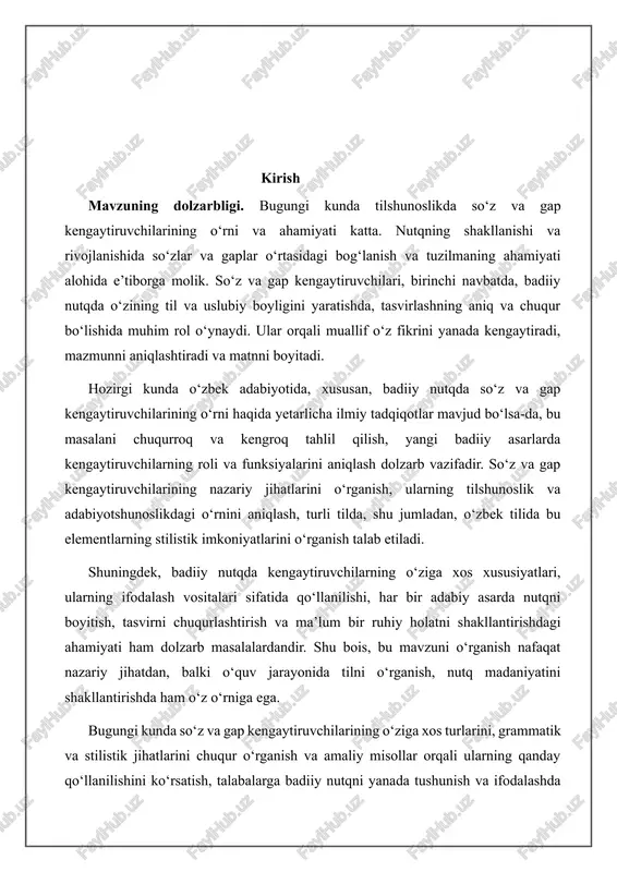 o‘rniga ega. bugungi kunda so‘z va gap kengaytiruvchilarining o‘ziga xos turlarini, grammatik va stilistik jihatlarini chuqur o‘rganish va amaliy misollar orqali ularning qanday qo‘llanilishini ko‘rsatish, talabalarga badiiy nutqni yanada tushunish va ifodalashda yordam beradi. shu sababli, “so‘z va gap kengaytiruvchilari” mavzusining dolzarbligi, tilshunoslik va adabiyotshunoslik sohalarida yanada chuqurroq tadqiqotlar olib borish, badiiy nutqni o‘rganishning ahamiyatini oshirishda namoyon bo‘ladi. kurs ishining amaliy va nazariy ahamiyati. “so‘z va gap kengaytiruvchilari” mavzusi tilshunoslik fanida juda muhim o‘rin tutadi. so‘z va gap kengaytiruvchilari tahlili orqali tilning strukturalik jihatlari, uning semantik va sintaktik elementlarini chuqur o‘rganish mumkin. bu mavzu tilning murakkabligini, uning o‘zgaruvchan va moslashuvchan xususiyatlarini tushunishga yordam beradi. til tizimidagi kengaytiruvchilarning turlari, ularning funksiyalari, va ular o‘rtasidagi o‘zaro bog‘liqliklar orqali tilning rivojlanishi va strukturasini to‘liqroq anglash imkoniyati yaratiladi. shuningdek, bu mavzu tilshunoslikda, lingvistikaning boshqa sohalariga, masalan, morfologiya, sintaksis va semantika bo‘limlariga bog‘liq muammolarni hal qilishda qo‘llaniladigan nazariy asoslarni beradi. ushbu mavzu nafaqat tilshunoslarga, balki …