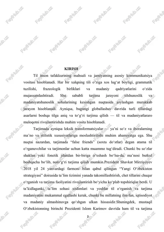 tizimini yanada takomillashtirish, chet tillarini chuqur o‘rganish va tarjima faoliyatini rivojlantirish bo‘yicha ko‘plab topshiriqlar berdi. u ta’kidlaganki, ta’lim sohasi xodimlari va yoshlar til o‘rganish va tarjima madaniyatini mukammal egallashi kerak, chunki bu millatning ilm-fan, iqtisodiyot va madaniy almashinuvga qo‘shgan ulkan hissasidir.shuningdek, mustaqil o‘zbekistonning birinchi prezidenti islom karimov davrida ham til va tarjima sohasida muhim qadamlar qo‘yilgan. 1992 yilda qabul qilingan o‘zbekiston respublikasining davlat tili to‘g‘risidagi qonuni va boshqa hujjatlar milliy tilni rivojlantirish, uni boshqa tillar bilan uyg‘unlashtirish yo‘lida asos bo‘ldi. bu davrda tarjima faoliyati nafaqat xalqaro hamkorlik, balki milliy madaniyatni asrab-avaylash, milliy o‘zlikni mustahkamlash vositasi sifatida ham ahamiyatga ega bo‘ldi. bugungi kunda prezidentning til va tarjimashunoslik sohasidagi qarorlari yangi avlod mutaxassislarini tayyorlashda zamonaviy yondashuvlarni qo‘llashga, so‘z boyligi, leksik birliklarning ma’no mosligini aniqlashga va tarjima jarayonida leksik transformatsiyalarni samarali qo‘llashga katta urg‘u bermoqda. bular tarjimonning nafaqat til o‘rganishdagi, balki madaniyatlararo muloqotdagi vakolatini oshirishga xizmat qiladi.[footnoteref:1] [1: . shavkat mirziyoyev. (2021). erkin …