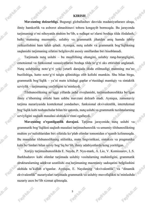 matik bog‘liqlik – ya’ni matn ichidagi gaplar o‘rtasidagi mantiqiy va sintaktik uzviylik – tarjimaning yaxlitligini ta’minlaydi. tilshunoslikning so‘nggi yillarda jadal rivojlanishi, tarjimashunoslikka bo‘lgan ilmiy e’tiborning ortishi ham ushbu mavzuni dolzarb etadi. ayniqsa, zamonaviy tarjima nazariyasida kontekstual yondashuv, funksional ekvivalentlik, intertekstual bog‘liqlik kabi tushunchalar bilan bir qatorda, nutq uslubi va grammatik tuzilmalarning uzviyligini saqlash masalasi alohida o‘rinni egallaydi. mavzuning o'rganilganlik darajasi. tarjima jarayonida nutq uslubi va grammatik bog‘liqlikni saqlash masalasi tarjimashunoslik va umumiy tilshunoslikning muhim yo‘nalishlaridan biri sifatida ko‘plab olimlar tomonidan o‘rganib kelinmoqda. bu masalalar tilshunoslikning stilistika, matn lingvistikasi, sintaksis va pragmatika kabi bo‘limlari bilan uzviy bog‘liq bo‘lib, ilmiy adabiyotlarda keng yoritilgan. xorijiy tarjimashunoslikda e. nayda, p. nyu-mark, a. lio, v. komissarov, l.s. barkhudarov kabi olimlar tarjimada uslubiy vositalarning muhimligini, grammatik strukturalarning adekvat uzatilishi esa tarjimaning mazmuniy sadoqatini belgilashini alohida ta’kidlab o‘tganlar. ayniqsa, e. naydaning “ekvivalentlik” va “dinamik ekvivalentlik” nazariyalari tarjimada grammatik va uslubiy muvofiqlikni ta’minlashda nazariy asos bo‘lib xizmat qilmoqda. …