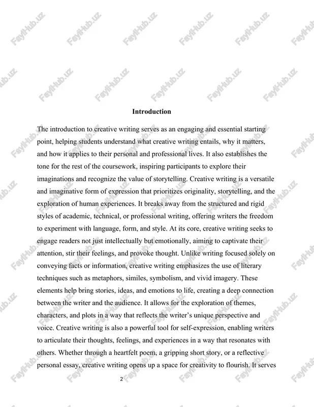 es, characters, and plots in a way that reflects the writer’s unique perspective and voice. creative writing is also a powerful tool for self-expression, enabling writers to articulate their thoughts, feelings, and experiences in a way that resonates with others. whether through a heartfelt poem, a gripping short story, or a reflective personal essay, creative writing opens up a space for creativity to flourish. it serves as a bridge between imagination and reality, encouraging both writers and readers to see the world from new angles and to engage with ideas in a profound and meaningful way. by fostering innovation and emotional resonance, creative writing plays a significant role in both personal development and cultural enrichment, making it an essential aspect of the literary arts. moreover, creative writing encourages writers to push beyond the literal and the obvious, encouraging readers to think critically and engage with the deeper meanings hidden beneath …