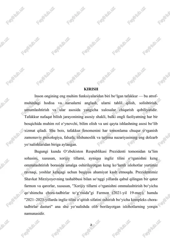 o‘g‘risida"gi farmon (2021-yil 19-may), hamda "2021–2023-yillarda ingliz tilini oʻqitish sifatini oshirish bo‘yicha kompleks chora-tadbirlar dasturi" ana shu yo‘nalishda olib borilayotgan islohotlarning yorqin namunasidir. mazkur qarorlar asosida nafaqat maktab va oliy taʼlim muassasalarida, balki maktabgacha ta’limdan boshlab ingliz tilini chuqur va tizimli o‘qitish yo‘lga qo‘yildi. bu boradagi e’tibor, ayniqsa, pedagogik kadrlar malakasini oshirish, xalqaro darajadagi til sertifikatlarini olishga ko‘maklashish, ta’lim dargohlarini zamonaviy o‘quv adabiyotlari, axborot texnologiyalari bilan ta’minlashda yaqqol namoyon bo‘lmoqda. prezidentimizning doimiy e’tiborida bo‘lgan ushbu masala – xorijiy tillarni o‘rganish madaniyatini shakllantirish va til o‘rganishni jamiyat ehtiyojiga aylantirish bilan bevosita bog‘liq. aynan shavkat mirziyoyev tashabbusi bilan endilikda ingliz tilini yaxshi biladigan yoshlar uchun katta imkoniyatlar eshigi ochildi: xalqaro olimpiadalar, tanlovlar, grantlar, xorijda ta’lim olish imkoniyatlari tobora kengayib bormoqda. prezidentimiz tomonidan ilgari surilgan “yoshlar – kelajagimiz”, “ilm-fan – taraqqiyot asosidir”, “yangi o‘zbekiston – ma’rifatli jamiyat” g‘oyalari aynan ingliz tili orqali dunyo ilm-faniga, innovatsiyalariga ochiladigan yo‘llarni ko‘rsatmoqda. shuningdek, ingliz tili bo‘yicha xalqaro …
