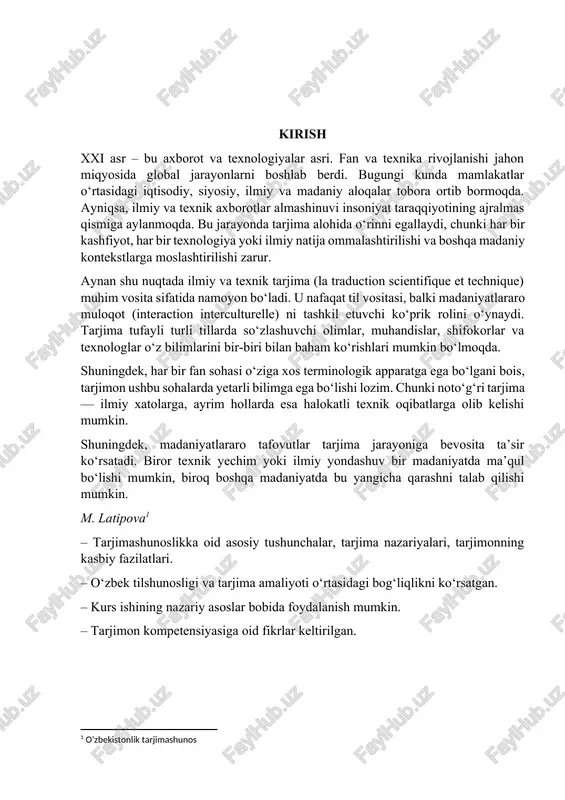 a texnologlar o‘z bilimlarini bir-biri bilan baham ko‘rishlari mumkin bo‘lmoqda. shuningdek, har bir fan sohasi o‘ziga xos terminologik apparatga ega bo‘lgani bois, tarjimon ushbu sohalarda yetarli bilimga ega bo‘lishi lozim. chunki noto‘g‘ri tarjima — ilmiy xatolarga, ayrim hollarda esa halokatli texnik oqibatlarga olib kelishi mumkin. shuningdek, madaniyatlararo tafovutlar tarjima jarayoniga bevosita ta’sir ko‘rsatadi. biror texnik yechim yoki ilmiy yondashuv bir madaniyatda ma’qul bo‘lishi mumkin, biroq boshqa madaniyatda bu yangicha qarashni talab qilishi mumkin. m. latipova[footnoteref:1] [1: o’zbekistonlik tarjimashunos ] – tarjimashunoslikka oid asosiy tushunchalar, tarjima nazariyalari, tarjimonning kasbiy fazilatlari. – o‘zbek tilshunosligi va tarjima amaliyoti o‘rtasidagi bog‘liqlikni ko‘rsatgan. – kurs ishining nazariy asoslar bobida foydalanish mumkin. – tarjimon kompetensiyasiga oid fikrlar keltirilgan. d. g‘ulomova[footnoteref:2] [2: o’zbekistonlik tarjimon ] – ilmiy matnlarning leksik, grammatik va uslubiy xususiyatlarini o‘rganadi. – ilmiy matnlarni tarjima qilishdagi lingvistik vositalarni tahlil qiladi. – 1-bobning “ilmiy uslubning lingvistik xususiyatlari” qismida juda muhim manba sifatida foydalanildi . a. …