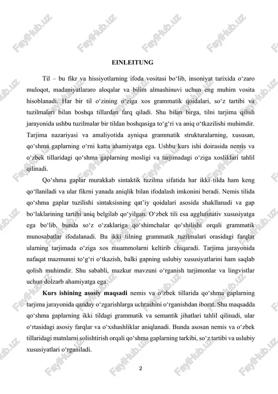 u sababli, mazkur mavzuni o‘rganish tarjimonlar va lingvistlar uchun dolzarb ahamiyatga ega. kurs ishining asosiy maqsadi nemis va o‘zbek tillarida qo‘shma gaplarning tarjima jarayonida qanday o‘zgarishlarga uchrashini o‘rganishdan iborat. shu maqsadda qo‘shma gaplarning ikki tildagi grammatik va semantik jihatlari tahlil qilinadi, ular o‘rtasidagi asosiy farqlar va o‘xshashliklar aniqlanadi. bunda asosan nemis va o‘zbek tillaridagi matnlarni solishtirish orqali qo‘shma gaplarning tarkibi, so‘z tartibi va uslubiy xususiyatlari o‘rganiladi. ushbu mavzuni o‘rganishda qo‘llaniladigan asosiy metodologiya matnlarni tahlil qilish va ularni lingvistik jihatdan solishtirishdir. kurs ishida nemis va o‘zbek tillaridagi adabiy asarlar, ilmiy maqolalar va boshqa turdagi matnlardan olingan qo‘shma gaplar tahlil qilinadi. ushbu gaplar grammatik qoidalar asosida ajratib olinib, ularning tarjimada qanday o‘zgartirilgani ko‘rib chiqiladi. bundan tashqari, nemis va o‘zbek tillarida qo‘shma gaplarning turli shakllari, masalan, bog‘langan qo‘shma gaplar (parataksis) va bo‘ysungan qo‘shma gaplar (gipotaksis) o‘rtasidagi farqlarni o‘rganish maqsad qilingan. nemis tili sintaksisi yuqori darajadagi qat’iylik va murakkablik bilan ajralib turadi. gap bo‘laklari …