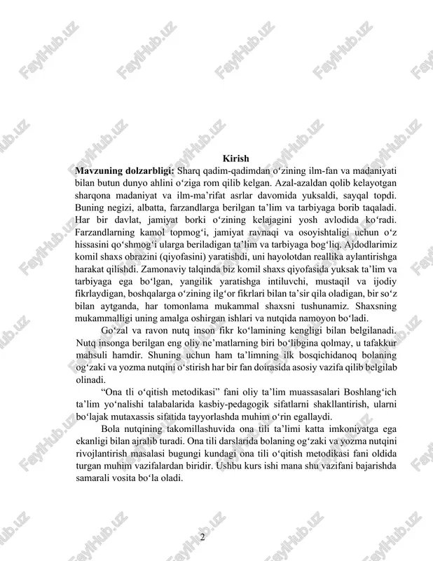 yozma nutqini oʻstirish har bir fan doirasida asosiy vazifa qilib belgilab olinadi. “ona tli oʻqitish metodikasi” fani oliy ta’lim muassasalari boshlangʻich ta’lim yoʻnalishi talabalarida kasbiy-pedagogik sifatlarni shakllantirish, ularni boʻlajak mutaxassis sifatida tayyorlashda muhim oʻrin egallaydi. bola nutqining takomillashuvida ona tili ta’limi katta imkoniyatga ega ekanligi bilan ajralib turadi. ona tili darslarida bolaning ogʻzaki va yozma nutqini rivojlantirish masalasi bugungi kundagi ona tili oʻqitish metodikasi fani oldida turgan muhim vazifalardan biridir. ushbu kurs ishi mana shu vazifani bajarishda samarali vosita boʻla oladi. kurs ishining maqsadi: yozma ishlarda yo‘l qo‘yiladigan xatolarni bartaraf etish yo‘llari va usullarini o‘rganish hamda o‘quvchilarda yozma ishga bo‘lgan ma’suliyatni oshirish. kurs ishining obyekti: yozma ish turlari va davlat ta’lim standartida belgilangan yozma ishlar. kurs ishining vazifalari quyidagilardan iborat: 1. yozma ishlar haqida umumiy ma’lumot berish; 2. yozma ishlarda uchraydigan xatolarni o‘rganish; 3. xatolarni bartaraf etadigan usullar va metodlardan foydalanish; 4. o‘quvchilarning yozma nutqqa bo‘lgan qobiliyatlarini oshirish. kurs ishining …