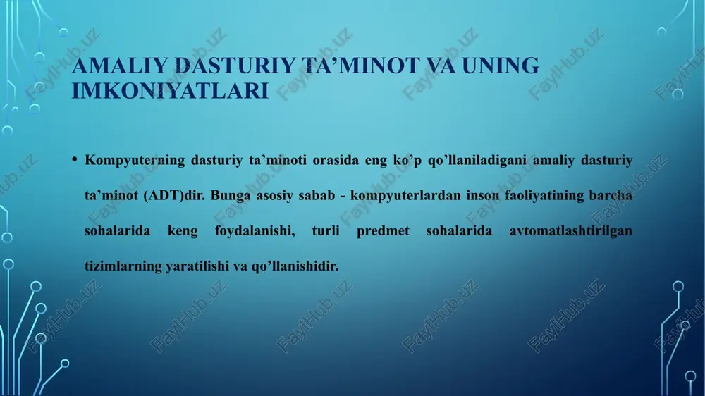 uvchi orasidagi o’zaro muloqotni tashkil etuvchi kommunikatsion dasturlar. amaliy dasturlar paket (adp)lari sinfiga quyidagilar oiddir: -matnli (matnli prosessorlar) va grafik muharrirlar; -elektron jadvallar -ma’lumotlar bazasini boshqarish tizimlari (mbbt); -integrasiyalangan paketlar; -case-texnologiyalar; -eksport tizimlar qobiqlari va sun’iy intellekt tizimlari. matn muharrirlari amaliy dasturlarning bu toifasining asosiy vazifasi matnga ma’lumotlarni kiritish va tahrir qilishdan iboratdir. ushbu dasturlarning qo’shimcha vazifalari kiritish va tahrir qilishni avtomatlashtirishdan iboratdir. ma’lumotlarni kiritish, chiqarish va saqlash amallari uchun matn muharrirlari tizimli dasturiy ta’minotni ishga tushiradi (chaqiradilar) va undan foydalanadi, lekin bu amaliy dasturlarning hammasi uchun xos va bundan keyin ham bu faktni maxsus ravishda ko’rsatib o’tirmaymiz. matn protsessorlari matn protsessorlarining matn muharrirlaridan asosiy farqi shundaki, ular matnni kiritish va tahrir qilishgagina emas, balki uni formatlash, ya’ni shakllantirishga imkon yaratadi. shunga muvofiq ravishda matn protsessorlarining asosiy vositalariga yakuniy hujjatni tashkil etuvchi matn, grafika, jadval va boshqa obyektlarni formatlash jarayonini avtomatlashtirish kiradi. hujjatlar bilan ishlashning zamonaviy usuli ikkita muqobil yondashuvni …