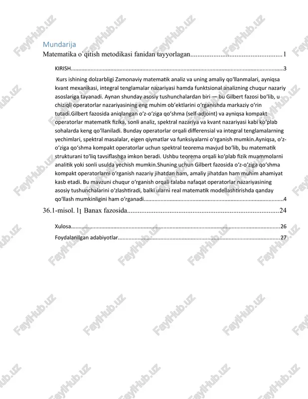 asining eng muhim ob’ektlarini o‘rganishda markaziy o‘rin tutadi.gilbert fazosida aniqlangan o‘z-o‘ziga qo‘shma (self-adjoint) va ayniqsa kompakt operatorlar matematik fizika, sonli analiz, spektral nazariya va kvant nazariyasi kabi ko‘plab sohalarda keng qo‘llaniladi. bunday operatorlar orqali differensial va integral tenglamalarning yechimlari, spektral masalalar, eigen qiymatlar va funksiyalarni o‘rganish mumkin.ayniqsa, o‘z-o‘ziga qo‘shma kompakt operatorlar uchun spektral teorema mavjud bo‘lib, bu matematik strukturani to‘liq tavsiflashga imkon beradi. ushbu teorema orqali ko‘plab fizik muammolarni analitik yoki sonli usulda yechish mumkin.shuning uchun gilbert fazosida o‘z-o‘ziga qo‘shma kompakt operatorlarni o‘rganish nazariy jihatdan ham, amaliy jihatdan ham muhim ahamiyat kasb etadi. bu mavzuni chuqur o‘rganish orqali talaba nafaqat operatorlar nazariyasining asosiy tushunchalarini o‘zlashtiradi, balki ularni real matematik modellashtirishda qanday qo‘llash mumkinligini ham o‘rganadi. kurs ishining maqsadi: ushbu kurs ishining asosiy maqsadi — gilbert fazosida o‘z-o‘ziga qo‘shma kompakt operatorlar tushunchasini nazariy jihatdan chuqur o‘rganish, ularning asosiy xossalarini tahlil qilish hamda spektral teoremaning bu turdagi operatorlarga qanday tadbiq qilinishini ko‘rsatishdan …
