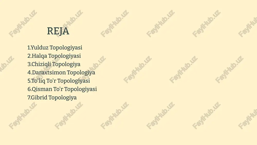 ing tarmoq segmentlarida. ‹#› gibrid topologiya ta'rifi ikki yoki undan ortiq turli topologiyalarning kombinatsiyasi. 1 afzalliklari moslashuvchan, turli ehtiyojlarga javob beradi. 2 kamchiliklari murakkab boshqaruv. 3 ko'pgina zamonaviy tarmoqlar gibriddir (masalan, yulduz va chiziqli). ‹#› topologiyani tanlash: omillar 1 hajmi 2 tezlik 3 ishonchlilik tarmoq hajmi, budjet, ma'lumot uzatish tezligi talablari, ishonchlilik talablari va kengaytirish imkoniyatlari. ‹#› xulosa turli topologiyalar turli vaziyatlarga mos keladi. topologiyani tanlashda ehtiyotkorlik zarur. to'g'ri topologiya tarmoq unumdorligini oshiradi. ‹#› etiboringiz uchun rahmat ‹#› image1.png image11.png image14.png image6.png image3.png image7.png image10.png image17.png image8.png image16.png image5.png image9.png image4.png image12.png image15.png image13.png image18.png