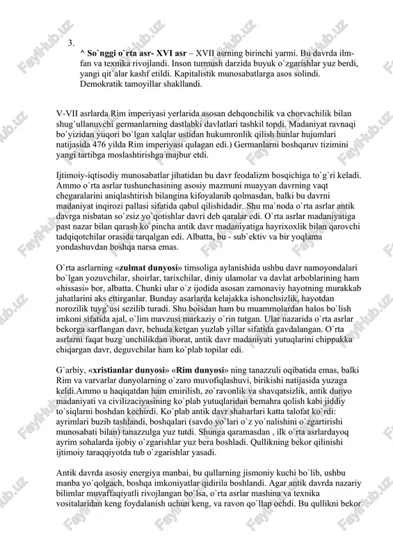 yilda rim imperiyasi qulagan edi.) germanlarni boshqaruv tizimini yangi tartibga moslashtirishga majbur etdi. ijtimoiy-iqtisodiy munosabatlar jihatidan bu davr feodalizm bosqichiga to`g`ri keladi. ammo o`rta asrlar tushunchasining asosiy mazmuni muayyan davrning vaqt chegaralarini aniqlashtirish bilangina kifoyalanib qolmasdan, balki bu davrni madaniyat inqirozi pallasi sifatida qabul qilishidadir. shu ma`noda o`rta asrlar antik davrga nisbatan so`zsiz yo`qotishlar davri deb qaralar edi. o`rta asrlar madaniyatiga past nazar bilan qarash ko`pincha antik davr madaniyatiga hayrixoxlik bilan qarovchi tadqiqotchilar orasida tarqalgan edi. albatta, bu - sub`ektiv va bir yoqlama yondashuvdan boshqa narsa emas. o`rta asrlarning «zulmat dunyosi» timsoliga aylanishida ushbu davr namoyondalari bo`lgan yozuvchilar, shoirlar, tarixchilar, diniy ulamolar va davlat arboblarining ham «hissasi» bor, albatta. chunki ular o`z ijodida asosan zamonaviy hayotning murakkab jahatlarini aks ettirganlar. bunday asarlarda kelajakka ishonchsizlik, hayotdan norozilik tuyg`usi sezilib turadi. shu boisdan ham bu muammolardan halos bo`lish imkoni sifatida ajal, o`lim mavzusi markaziy o`rin tutgan. ular nazarida o`rta asrlar bekorga sarflangan …