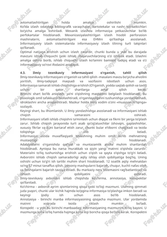 sh» qonuniyati 4.01-rasmda keltirilgan. chet elli tadqiqotchilarning ma’lumotlariga ko’ra, informasiya qimmatining pasayish («eskirish») jadalligi taxminan gazetalar uchun bir kunda 10%, bir oyda jurnallar uchun 10% bir yilda kitoblar uchun 10%ni tashkil etadi. shuning uchu ulkan informasiya oqimida yangi, ilg’or, muayyan mavzuni masalani hal qilishda ilmiysini topish faqat bitta ilmiy xodim uchungina emas, balki katta jamoa uchun ham ancha murakkabdir. zarur informasiyani izlash - ijodiy jarayon, shunga ko’ra uni formallashtirish va demak avtomatlashtirish murakkabli kelib chiqadi. informasiya oqimi - tanlangan mavzuni ishlab chiqish uchun zarur hujjatlarni izlash bo’yicha operasiyalar majmui. qo’lda, mexanik tarzda, mexanizasiyalashtirilgan va avtomatlashtirilgan holda amalga oshirilishi mumkin. ko’lda izlash odatdagi bibliografik varaqchalar, kartotekalar va nashr ko’rsatkichlari bo’yicha amalga oshiriladi. mexanik izlashda informasiya yetkazuvchilar bo’lib perfokartalar hisoblanadi. mexanizasiyalashtirilgan izlash hisobli perforasion mashinalarni, avtomatlashtirilgani esa ehmni qo’llashga asoslanadi. informasiyaviy izlash sistemalarida informasiyaviy izlash tilining turli talqinlari qo’llanadi. optimal natijaga erishish uchun izlash zarurdir, chunki bunda u yoki bu darajada mavzuni …