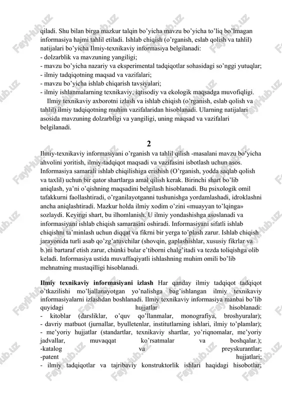 r) e’tibor bilan tanqidiy tahlil qilinadi. buning uchun yuqori darajada erudisiya va bilimga ega bo’lish zarurdir. ikkinchi holda (mavzuli taxlil) da informasiyaning butun hajmi ishlab chiqilayotgan mavzu masalalari bo’yicha sistemalashtiriladi. bunda katta e’tibor ilmiy-texnikaviy informasiya so’nggi nashrga qaratiladi, ularda mazkur masala tadqiqoti yakuni keltirilgan bo’lishi mumkin. keyinchalik tanlov asosida alohida qiziqish tug’dirgan boshqa manbalar taxlil etiladi. informasiyani taxlil etishning ikkinchi talqini sodda va kam vaqt talab qiladi. shu bilan birga mazkur talqin bo’yicha mavzu bo’yicha to’liq bo’lmagan informasiya hajmi tahlil etiladi. ishlab chiqish (o’rganish, eslab qolish va tahlil) natijalari bo’yicha ilmiy-texnikaviy informasiya belgilanadi: - dolzarblik va mavzuning yangiligi; - mavzu bo’yicha nazariy va eksperimental tadqiqotlar sohasidagi so’nggi yutuqlar; - ilmiy tadqiqotning maqsad va vazifalari; - mavzu bo’yicha ishlab chiqarish tavsiyalari; - ilmiy ishlanmalarning texnikaviy, iqtisodiy va ekologik maqsadga muvofiqligi. ilmiy texnikaviy axborotni izlash va ishlab chiqish (o’rganish, eslab qolish va tahlil) ilmiy tadqiqotning muhim vazifalaridan hisoblanadi. ularning natijalari asosida mavzuning …
