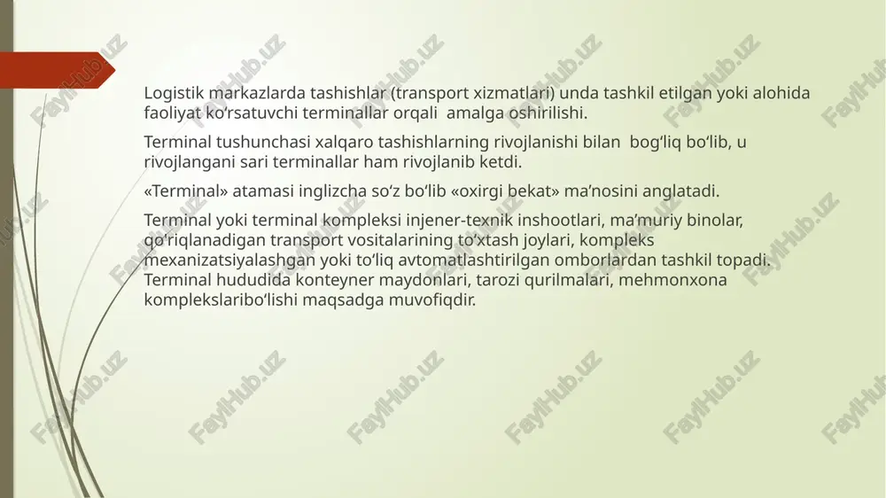 hirish); - sug‘urta va boshqa hisob ishlarini bajarish; - axborot xizmatlari. terminallar tarmog‘i ulaming to‘la ta’minlanganligi, yuklarni yetkazib berish jarayonining murakkabligi, xizmat ko‘rsatish darajasining pastligi kabi kamchiliklarga ega. terminallar tizimining yangi mohiyati alohida multimodal terminaldan yagona yuk taqsimoti markaziga o‘tishni taqozo etadi, bunda terminal mahsulot ishlab chiqaruvchilar va iste’molchilar o‘rtasida bog‘lovchi zveno vazifasini bajaradi. yangi turdagi terminallarda yuqorida ko‘rsatib o‘tilgan xizmatlardan tashqari yuklarni navlarga ajratish, yig‘ish, yiriklashtirish, bo‘lish, o‘rab-bog‘lash, omborlarga joylashtirish, saqlash, yukka qayta ishlov berish, paketlash, konteynerlarga joylash va tashib berish ishlari ham bajariladi. bu jarayonlami avtomatlashtirish darajasi oxirgi fan, texnika va texnologiya yutuqlariga mos keladi. firma-mijozlar, buyurtmalar, tovarlar, muddatlar, transport vositalari haqidagi hamma ma’lumotlar kompyuter xotirasida saqlanadi. terminal tizimlari davlatlar transport infrastrukturasining rivojlanishida muhim o‘rin tutadi va shuning uchun ko‘pgina davlatlarda terminallar orqali tashishni tashkil etish tartiblarini belgilab beruvchi qonunlar qabul qilingan. bugunda yaponiyada 150 dan ortiq terminallar faoliyat ko‘rsatmoqda. 0 ‘zbekiston respublikasida ham terminal tashish tizimi davlat …