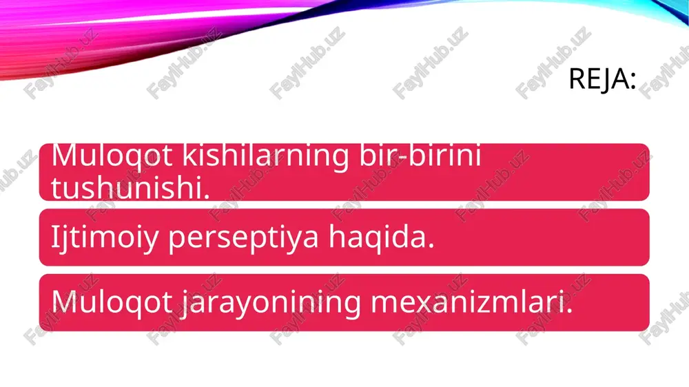 tiyojlari, motivlari va yo’nalishlarini bilishlari va o’zaro qarama –qarshi tomon o’rniga g’oya olishlari lozim. muloqot jarayonida bir-birini idrok etayotgan odamlar bir – birini tushunishga harakat qiladilar. insonni inson tomonidan idrok etilishida eng kamida ikki kishi jalb qilingan bo’lishi lozim bo’lib, ularning ikkalovi ham faol sub’ektdir. demakki o’zaro idrok jarayonida ikkala tomon bir – birlarining ehtiyojlari, motivlari va yo’nalishlarini bilishlari va o’zaro qarama –qarshi tomon o’rniga g’oya olishlari lozim. muloqot jarayonida bir-birini idrok etayotgan odamlar bir – birini tushunishga harakat qiladilar. buning uchun quyidagi mexanizm ishga solinadi: indenfikatsiya refleksiya sterotipizasiya empatiya indifikasiya(lotincha tenglashtirish) – u kishiga tenglashtirish , baravarlash ma’nosini anglatib, insonning o’zini xayolan suhbatdoshi, o’rniga qo’yish orqali uning fikrlari va tasavvurlarini tushunishga intilishi. indifikasiya(lotincha tenglashtirish) – u kishiga tenglashtirish , baravarlash ma’nosini anglatib, insonning o’zini xayolan suhbatdoshi, o’rniga qo’yish orqali uning fikrlari va tasavvurlarini tushunishga intilishi. refleksiya(lotincha aks ettirish)- insonning suhbatdoshi tomonidan qanday idrok etilayotgani va tushunilayotganini anglashga intilishi. stereotipizasiya- …